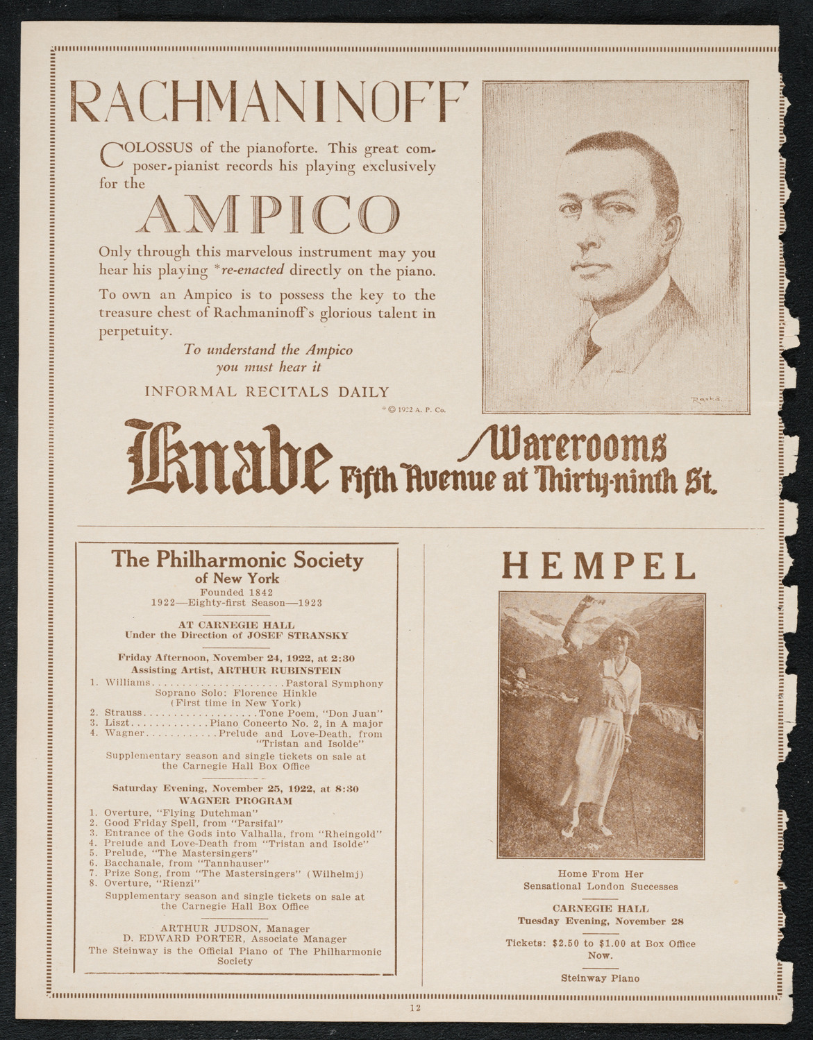 Ignacy Jan Paderewski, Piano, November 22, 1922, program page 12