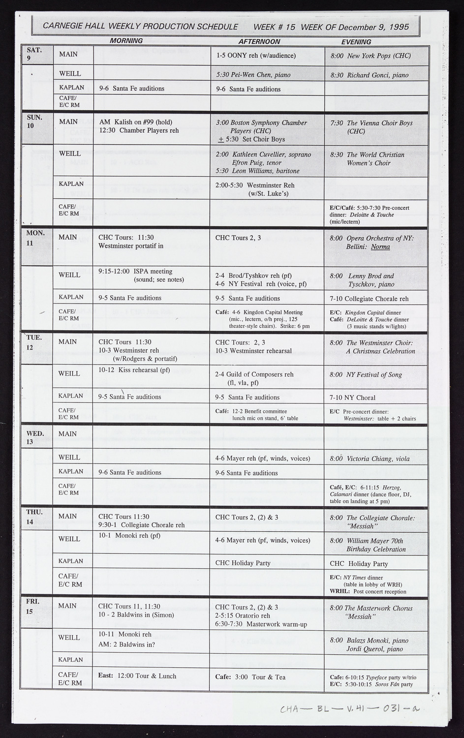 Carnegie Hall Booking Ledger, volume 41, page 31a