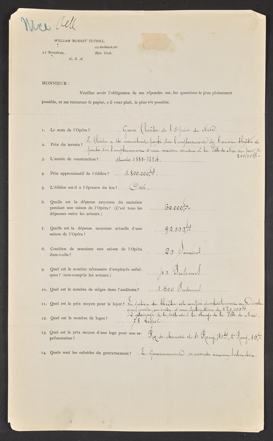 Questionnaire to Grand Théâtre de l'Opéra de Nice