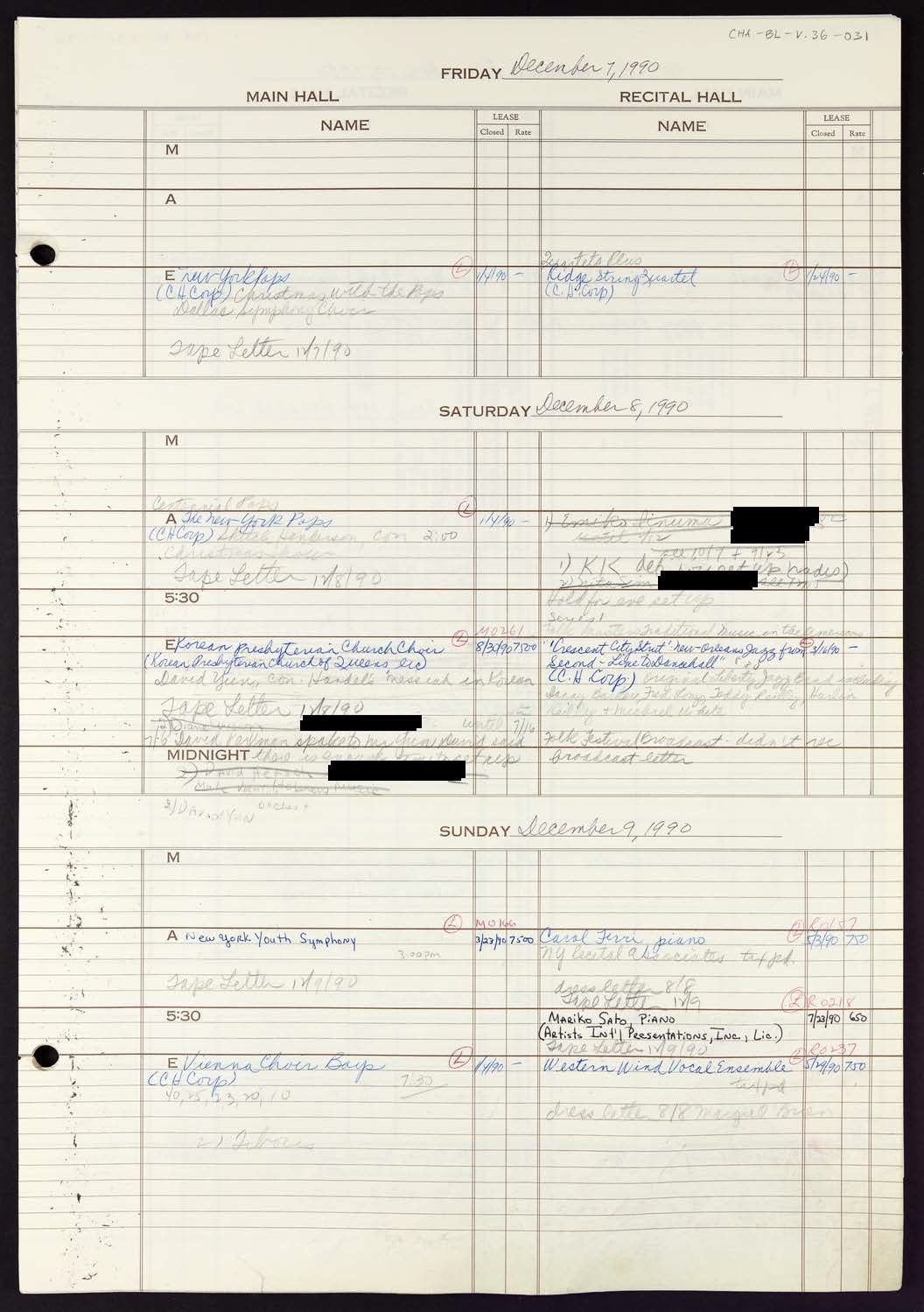 Carnegie Hall Booking Ledger, volume 36, page 31