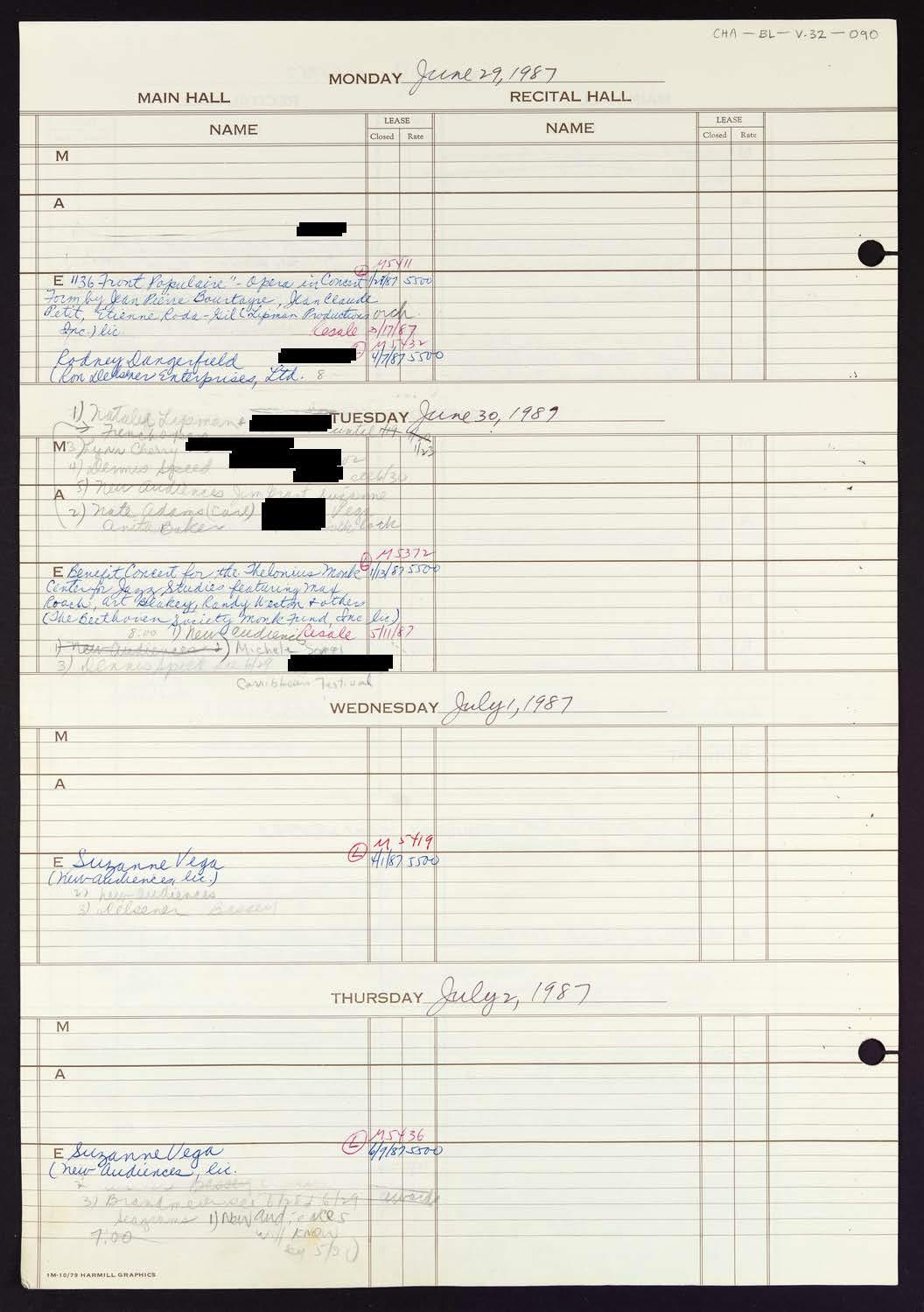 Carnegie Hall Booking Ledger, volume 32, page 90