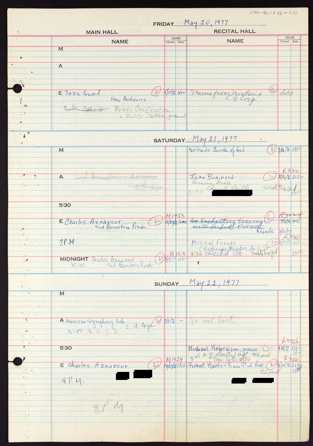 Carnegie Hall Booking Ledger, volume 22, page 77