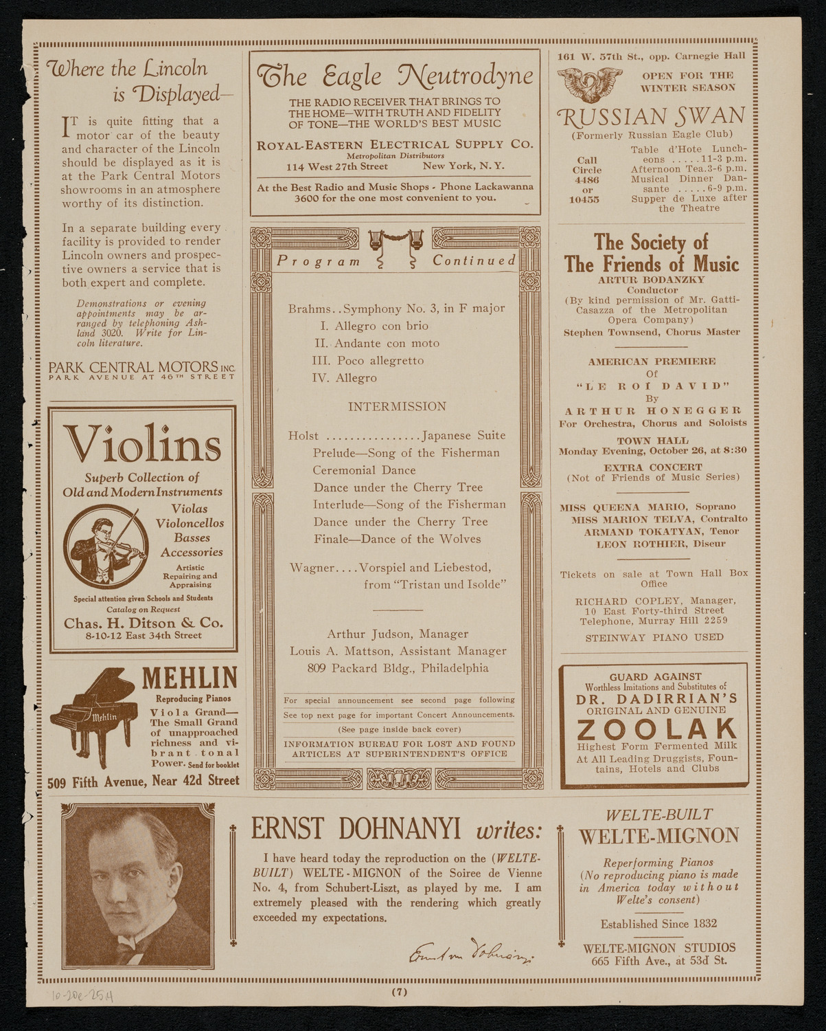 Philadelphia Orchestra, October 20, 1925, program page 7