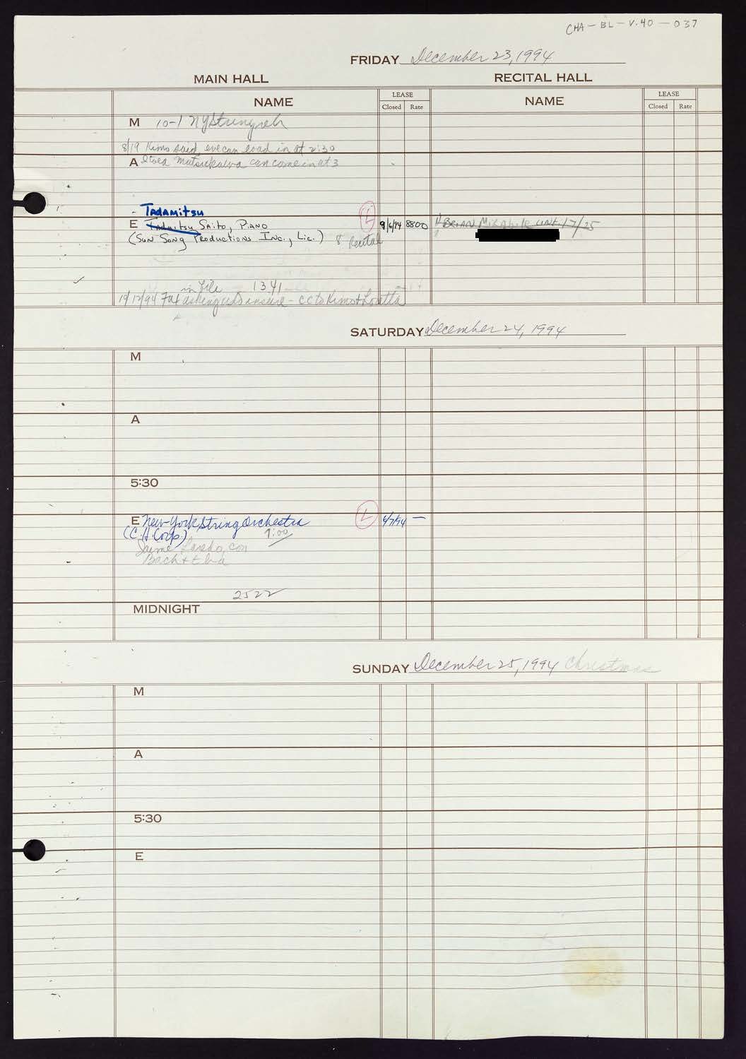 Carnegie Hall Booking Ledger, volume 40, page 37