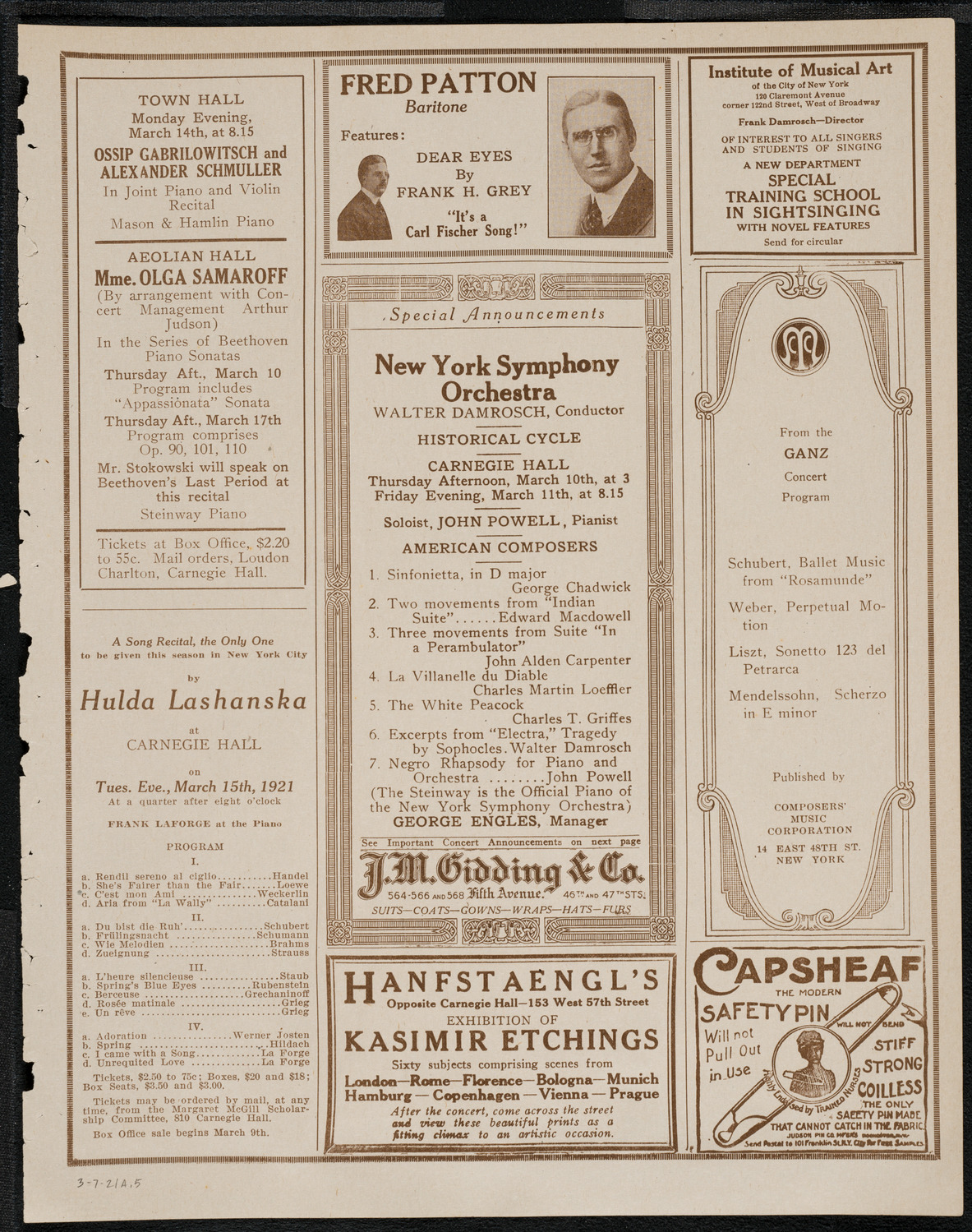 National Symphony Orchestra, March 7, 1921, program page 9