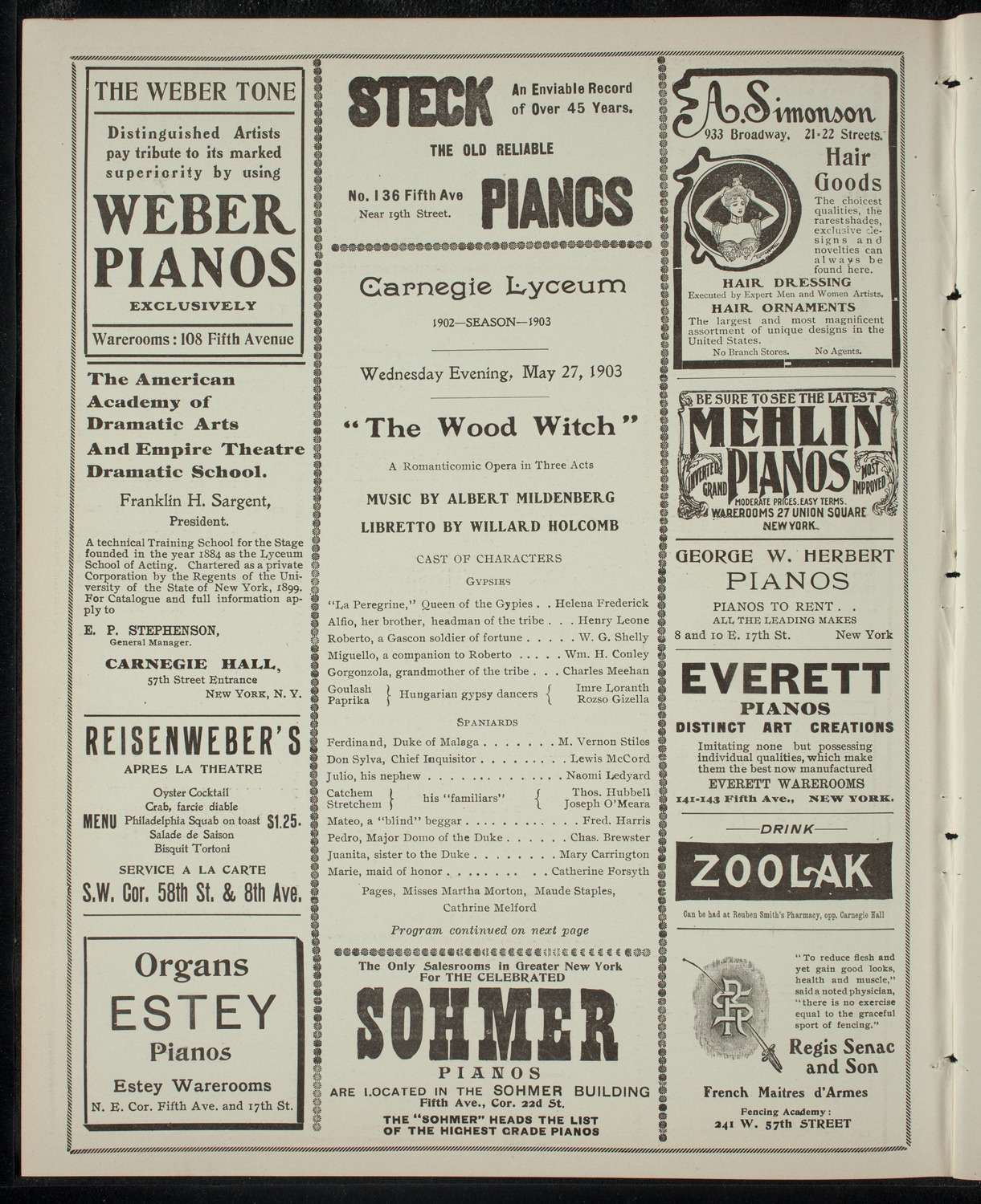 Opera Presentation by Albert Mildenberg, May 27, 1903, program page 2