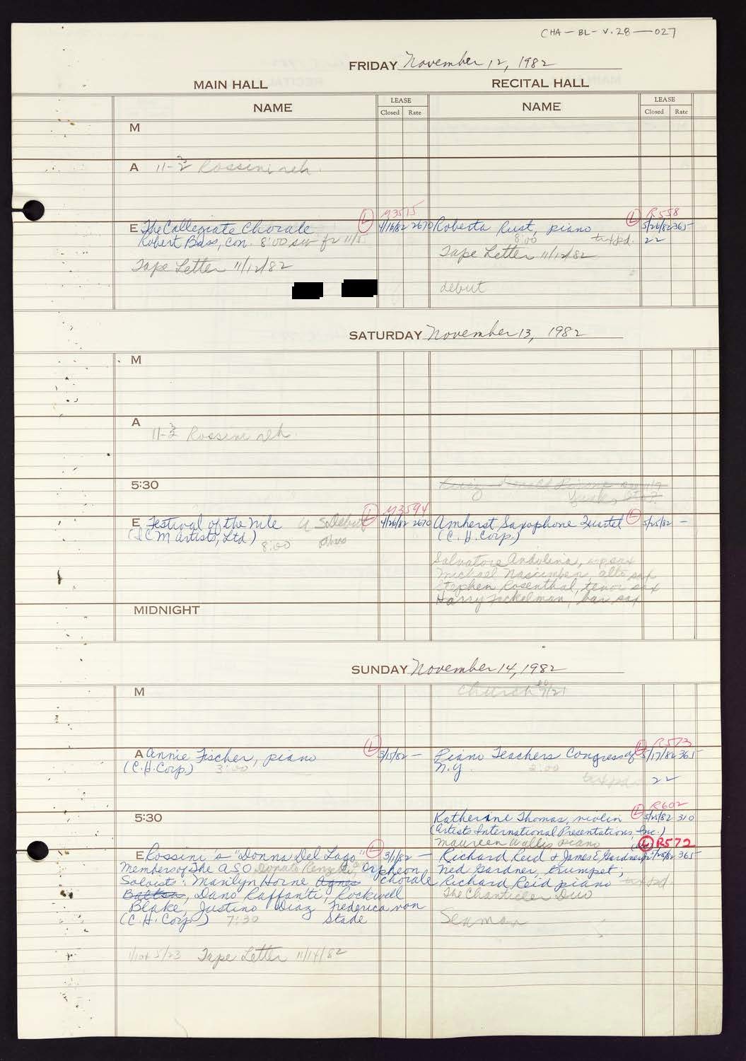 Carnegie Hall Booking Ledger, volume 28, page 27