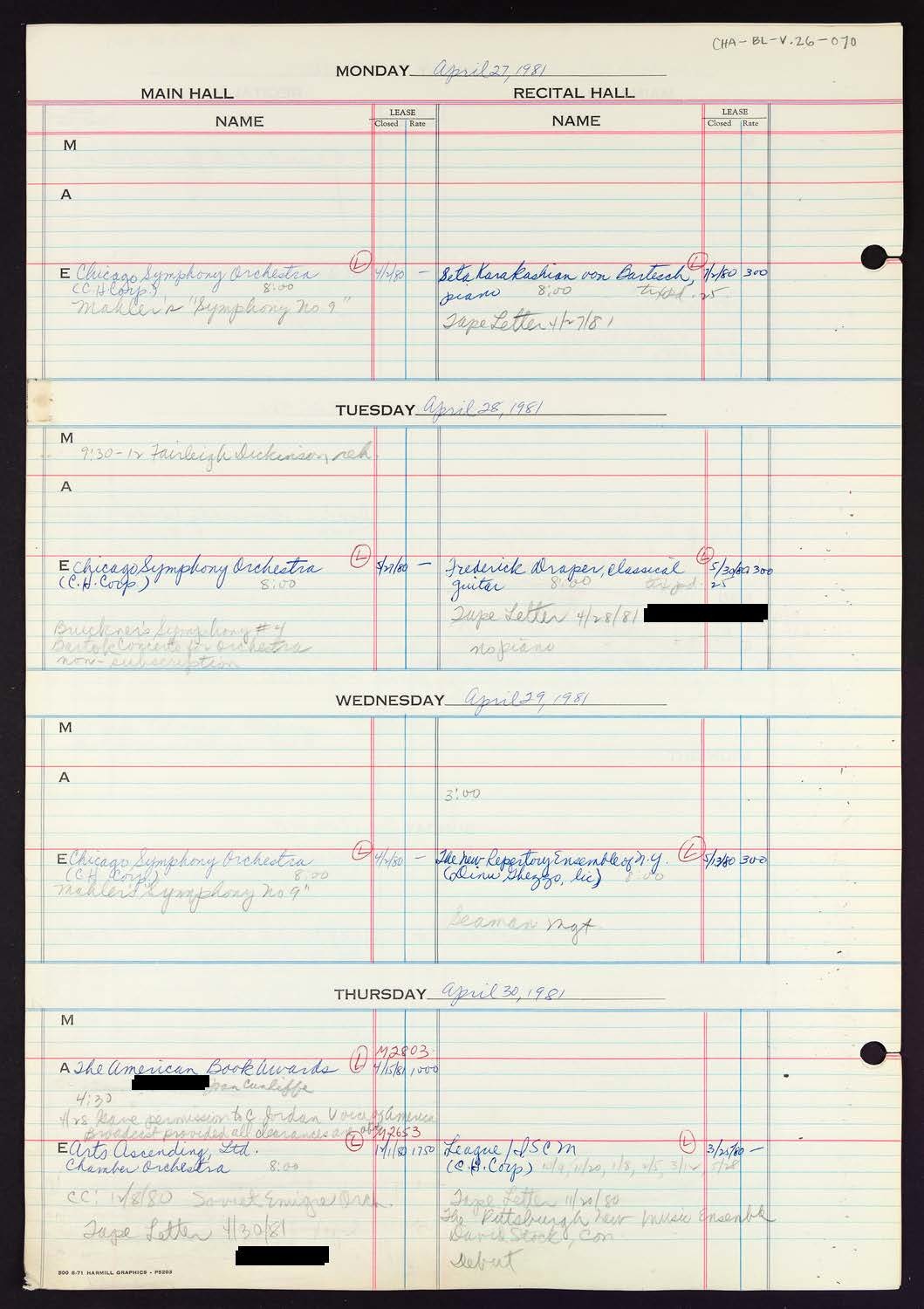 Carnegie Hall Booking Ledger, volume 26, page 70