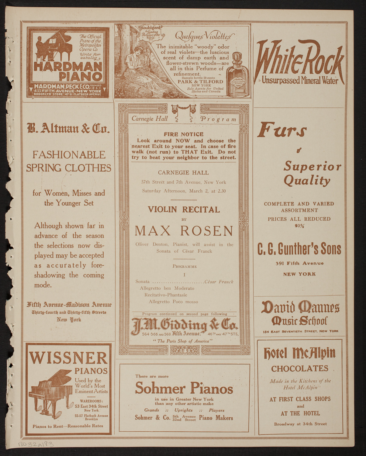 Max Rosen, Violin, March 2, 1918, program page 5