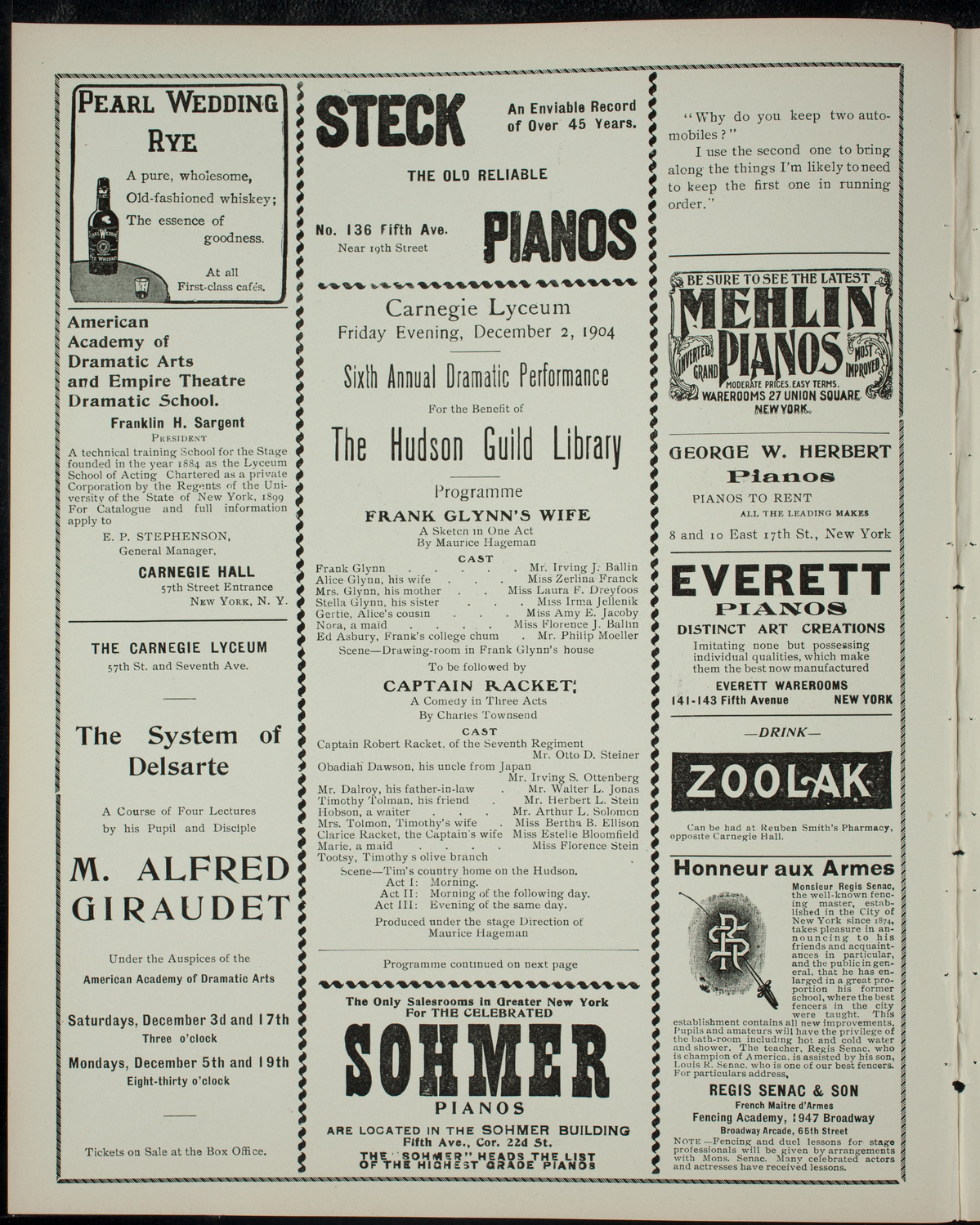 Sixth Annual Dramatic Performance For the Benefit of The Hudson Guild Library, December 2, 1904, program page 2