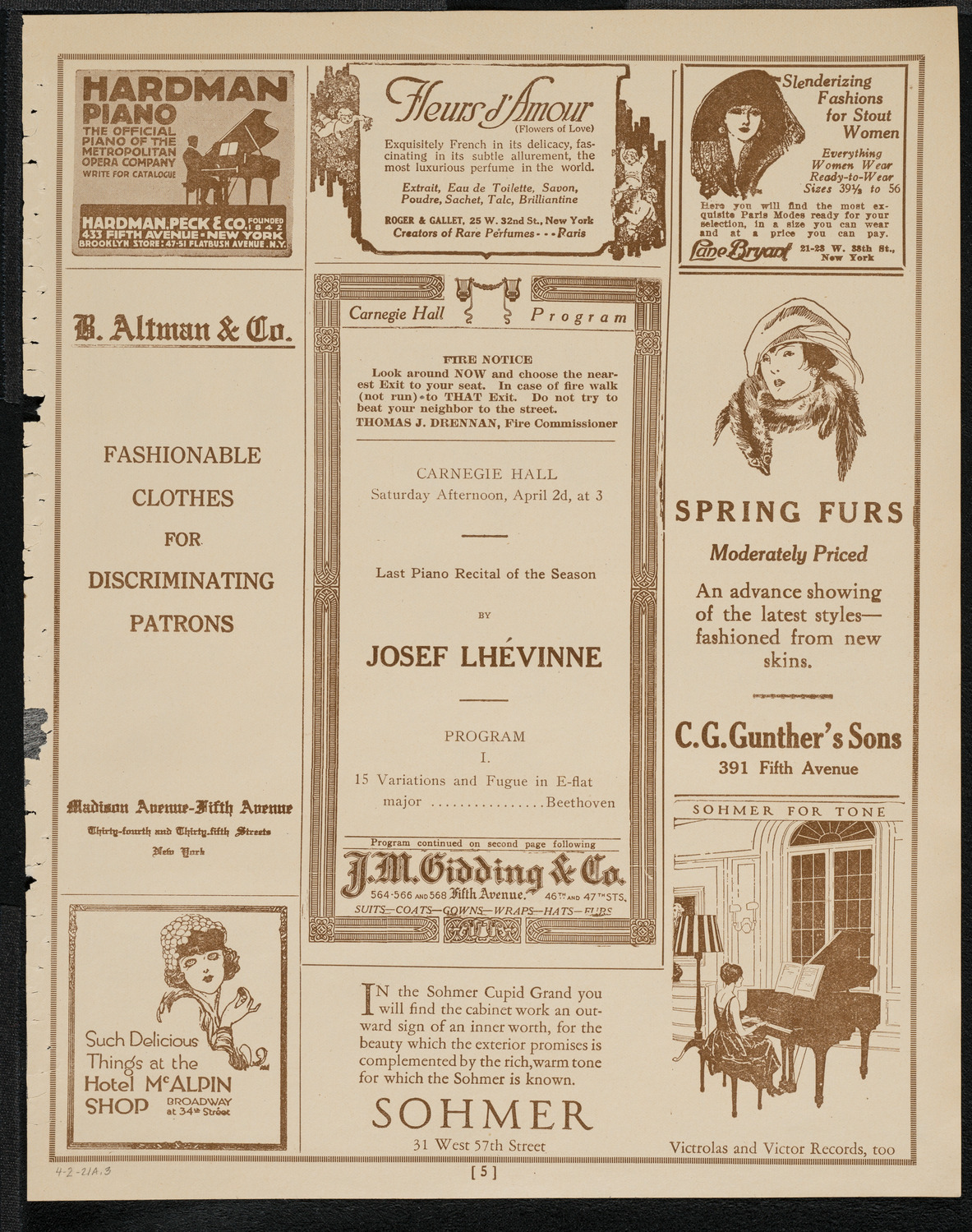 Josef Lhévinne, Piano, April 2, 1921, program page 5