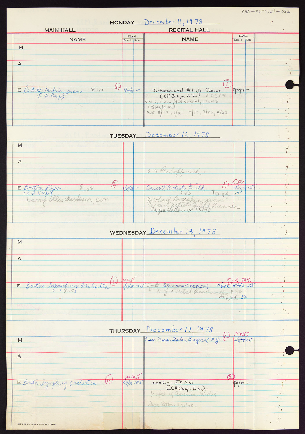 Carnegie Hall Booking Ledger, volume 24, page 32