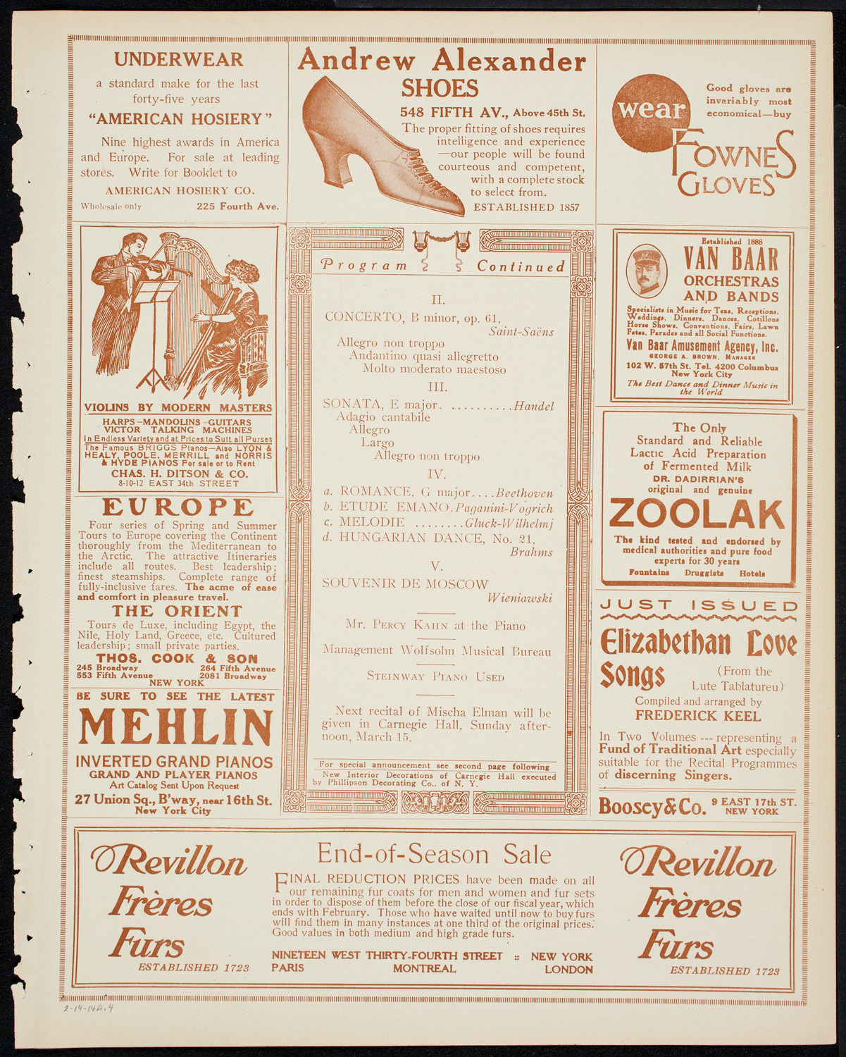 Mischa Elman, Violin, February 14, 1914, program page 7