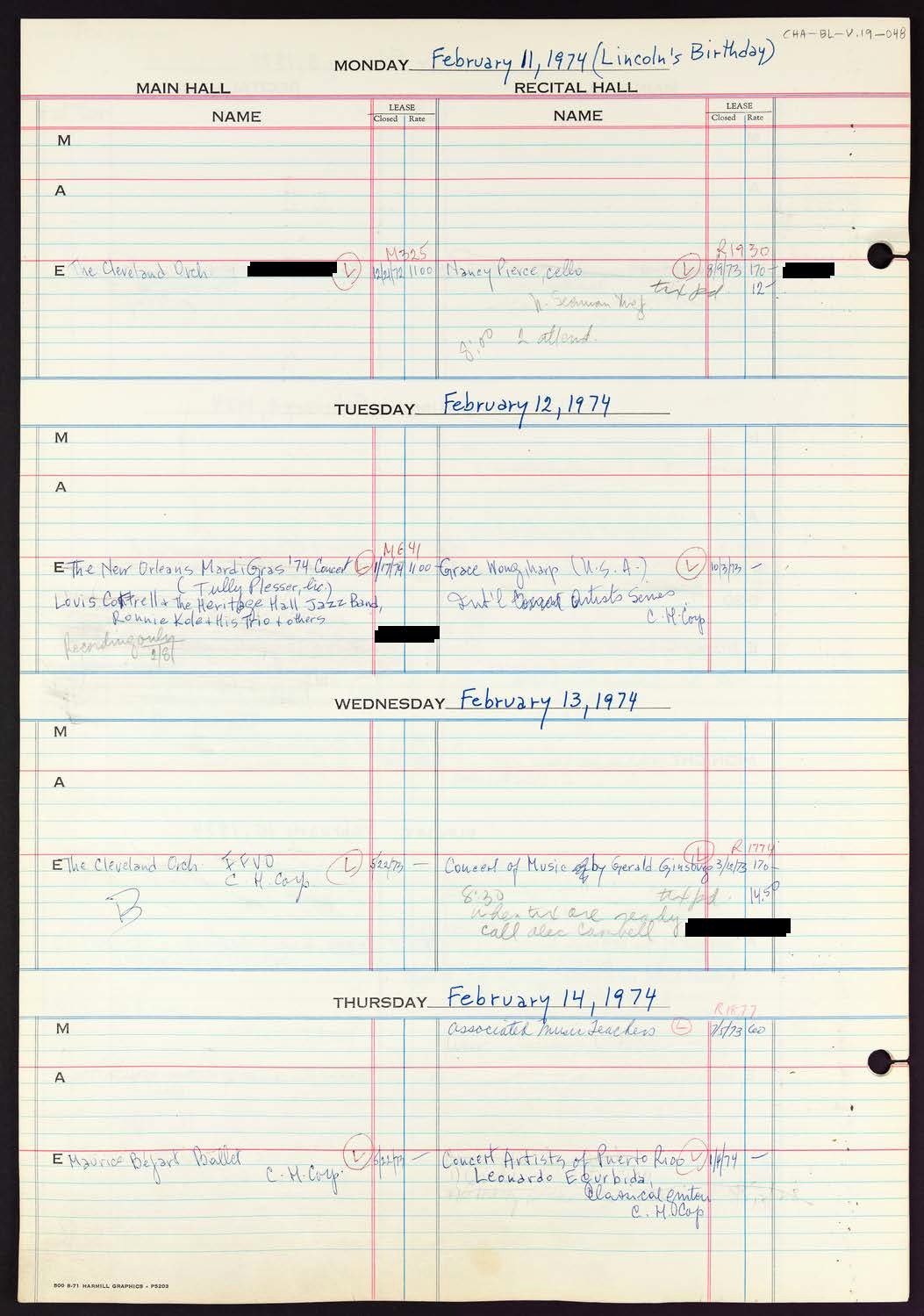 Carnegie Hall Booking Ledger, volume 19, page 48