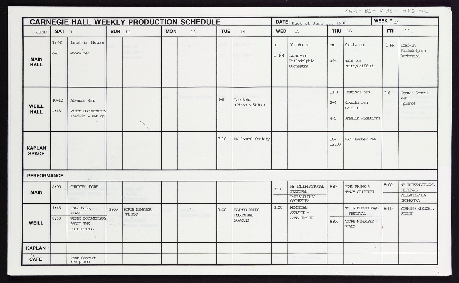 Carnegie Hall Booking Ledger, volume 33, page 85a