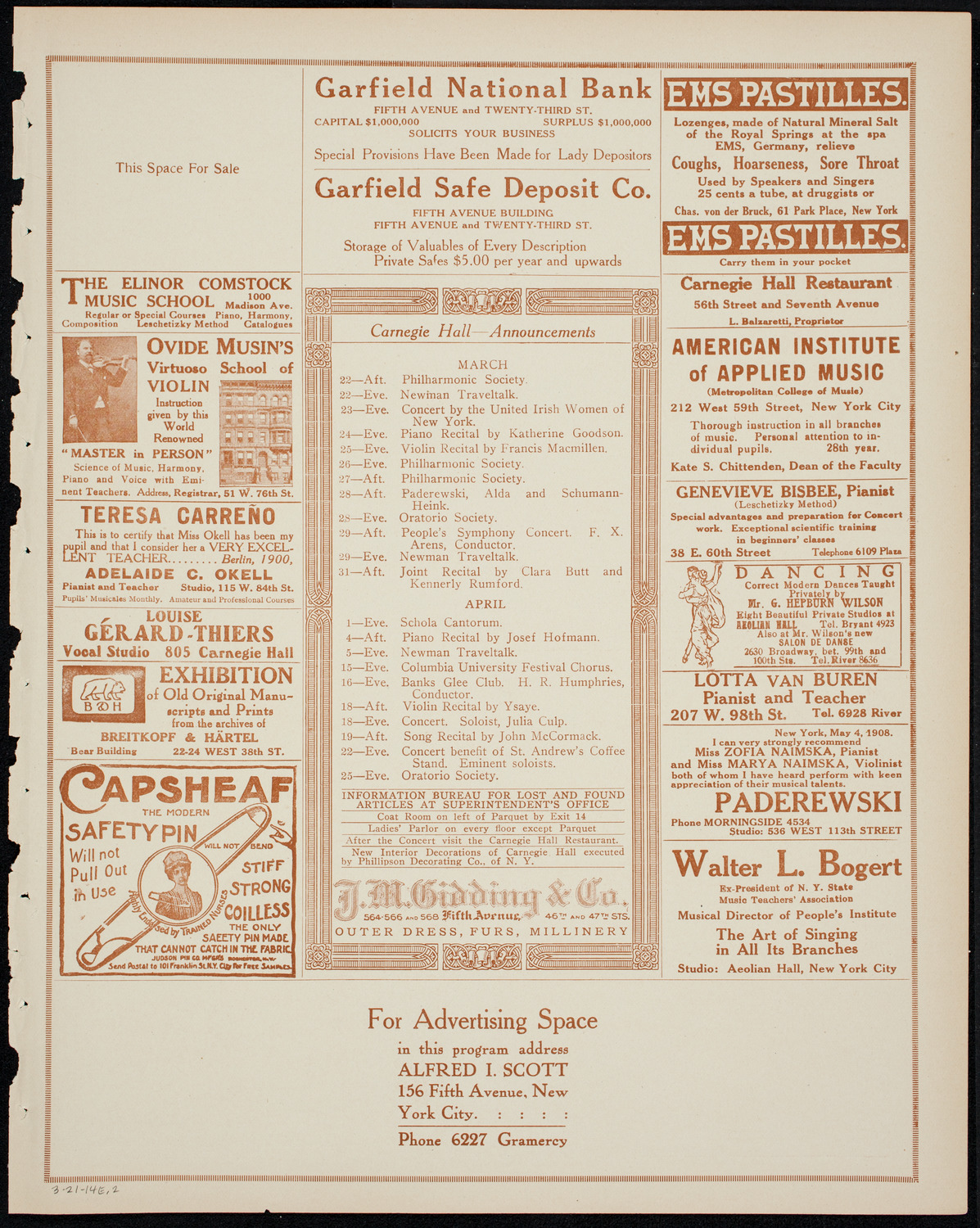 Jan Kubelik, Violin, with Orchestra, March 21, 1914, program page 3
