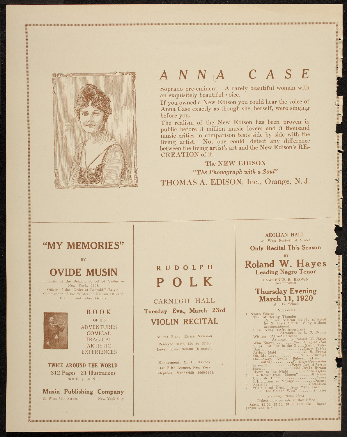 Reinald Werrenrath, Baritone, March 7, 1920, program page 2