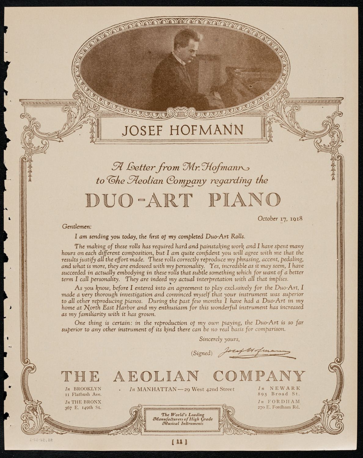 Josef Hofmann, Piano, February 22, 1922, program page 9
