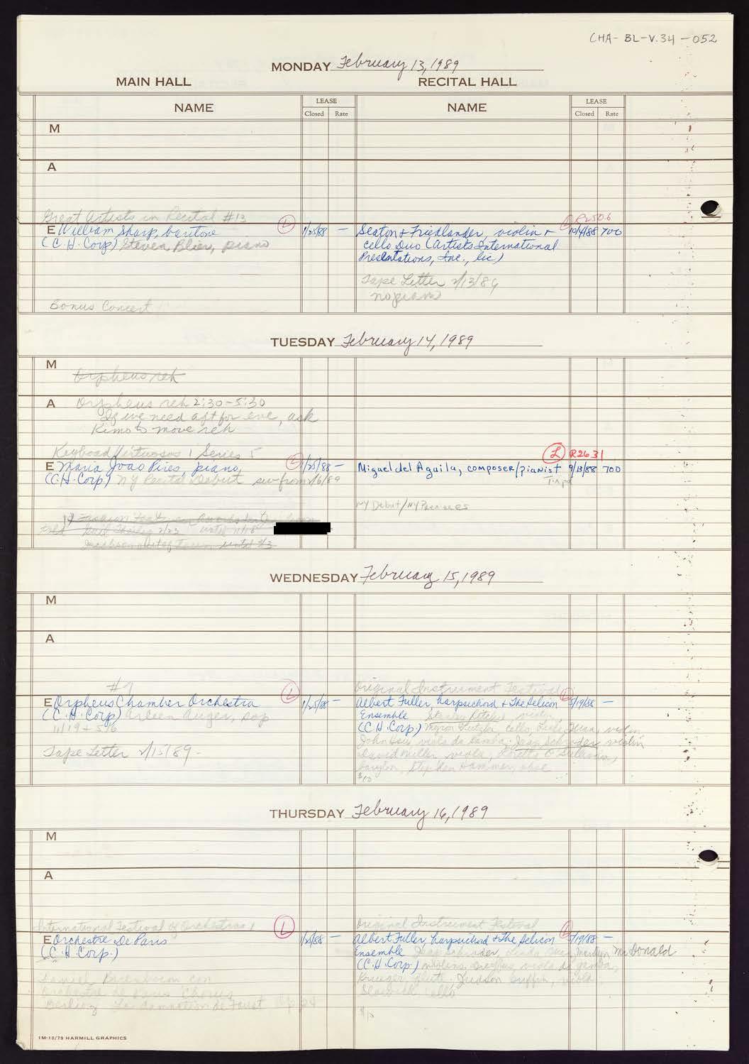 Carnegie Hall Booking Ledger, volume 34, page 52