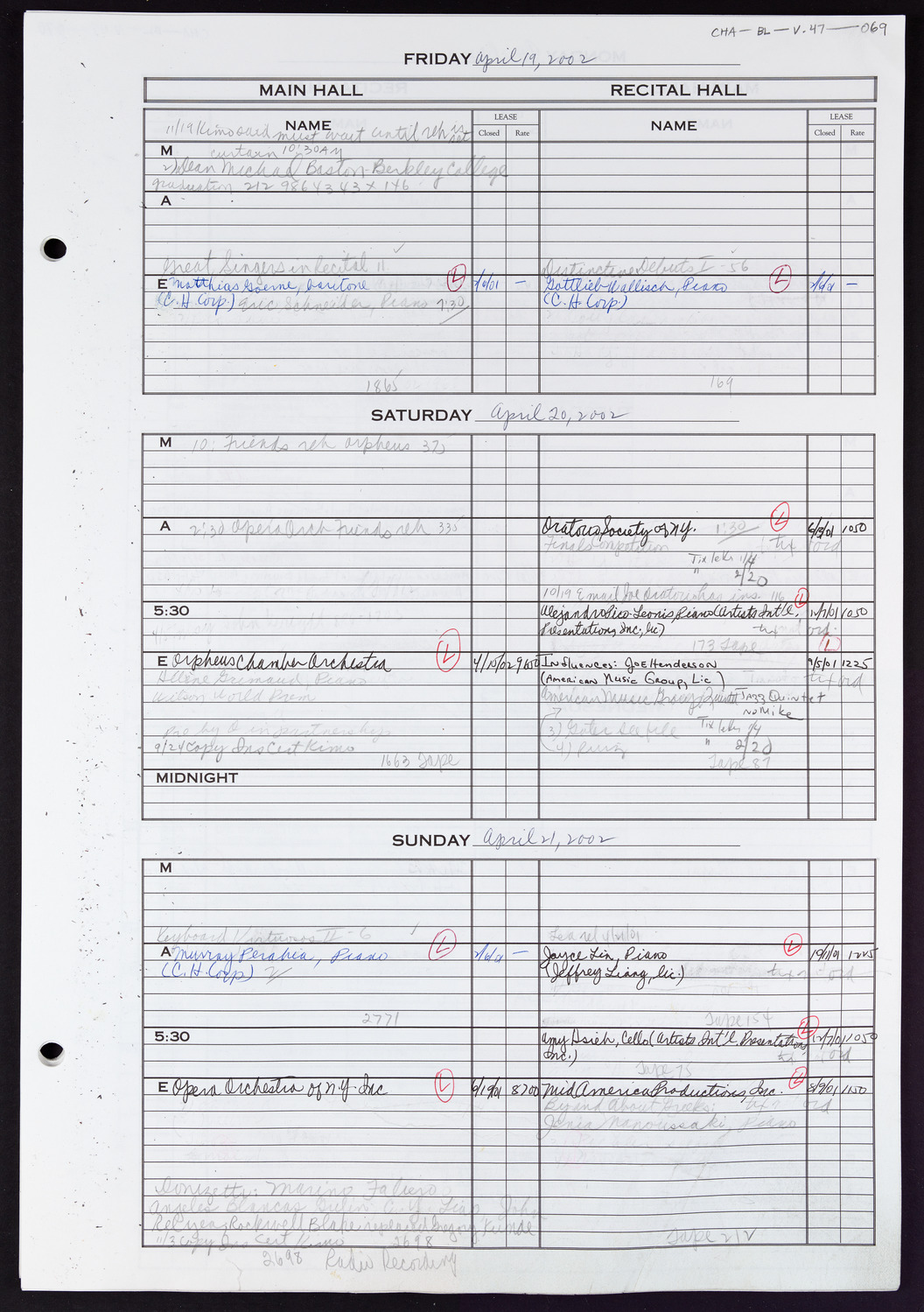 Carnegie Hall Booking Ledger, volume 47, page 69