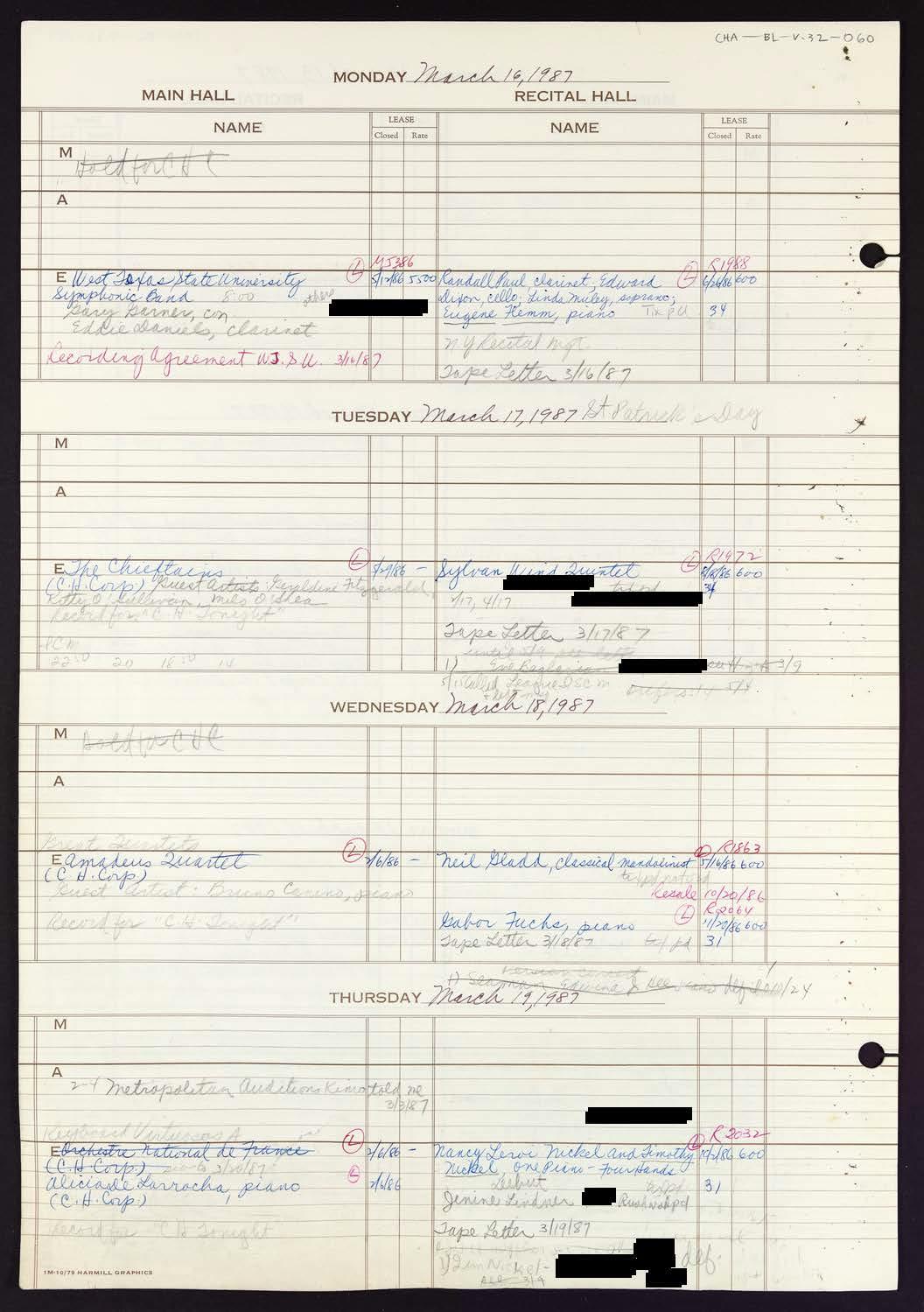 Carnegie Hall Booking Ledger, volume 32, page 60