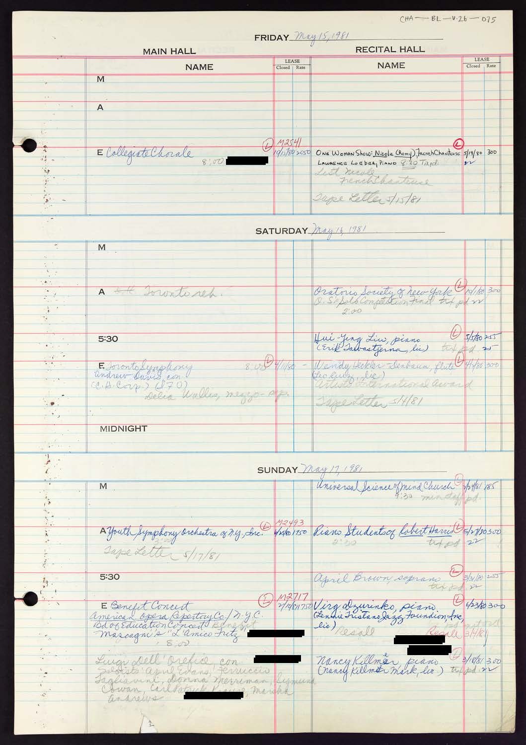 Carnegie Hall Booking Ledger, volume 26, page 75