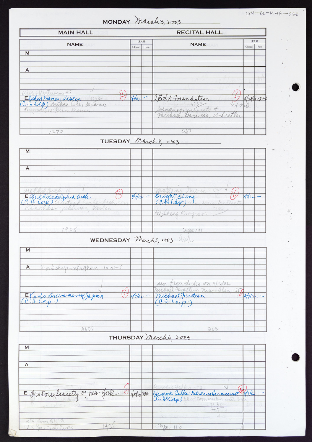 Carnegie Hall Booking Ledger, volume 48, page 56