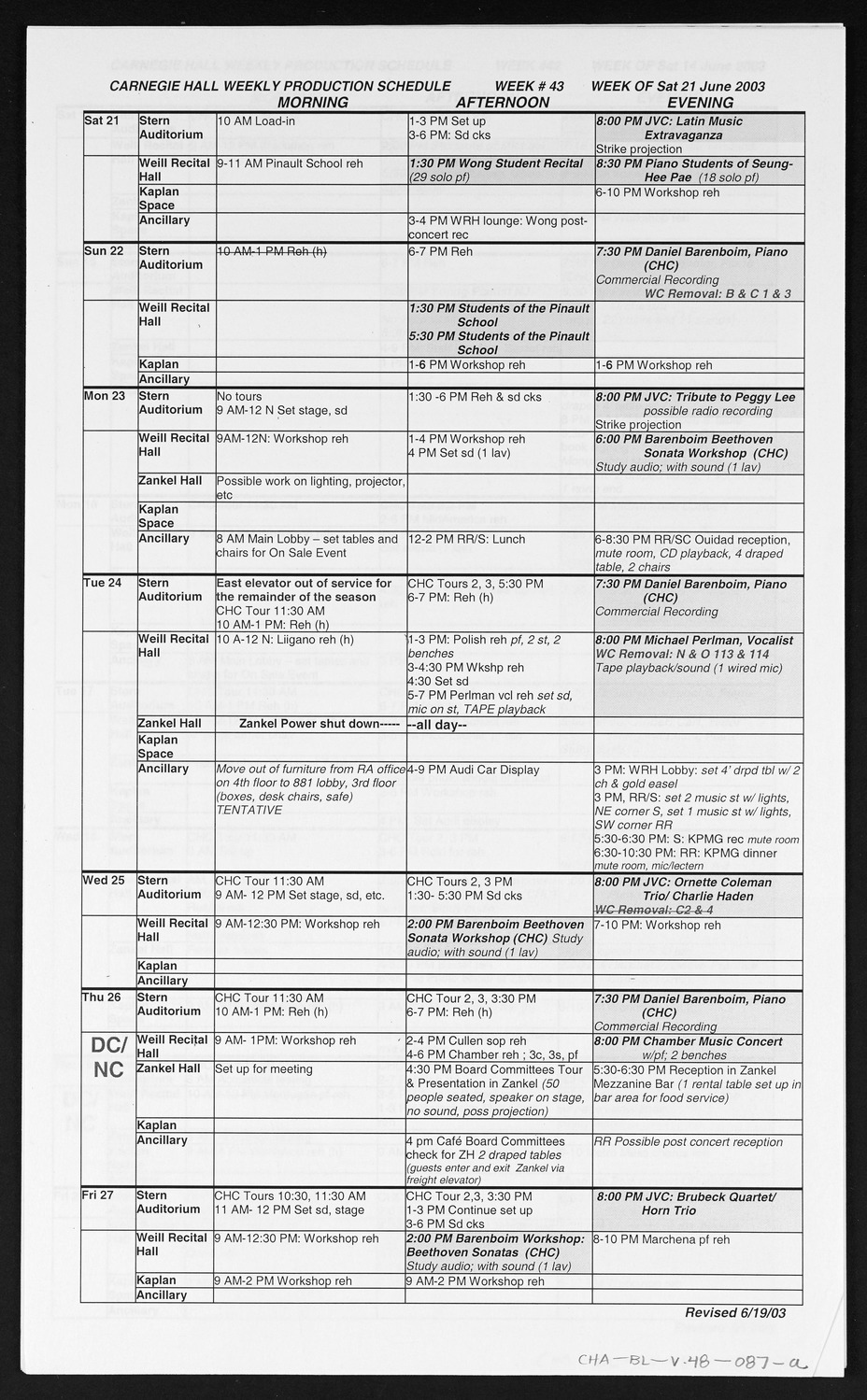 Carnegie Hall Booking Ledger, volume 48, page 87a