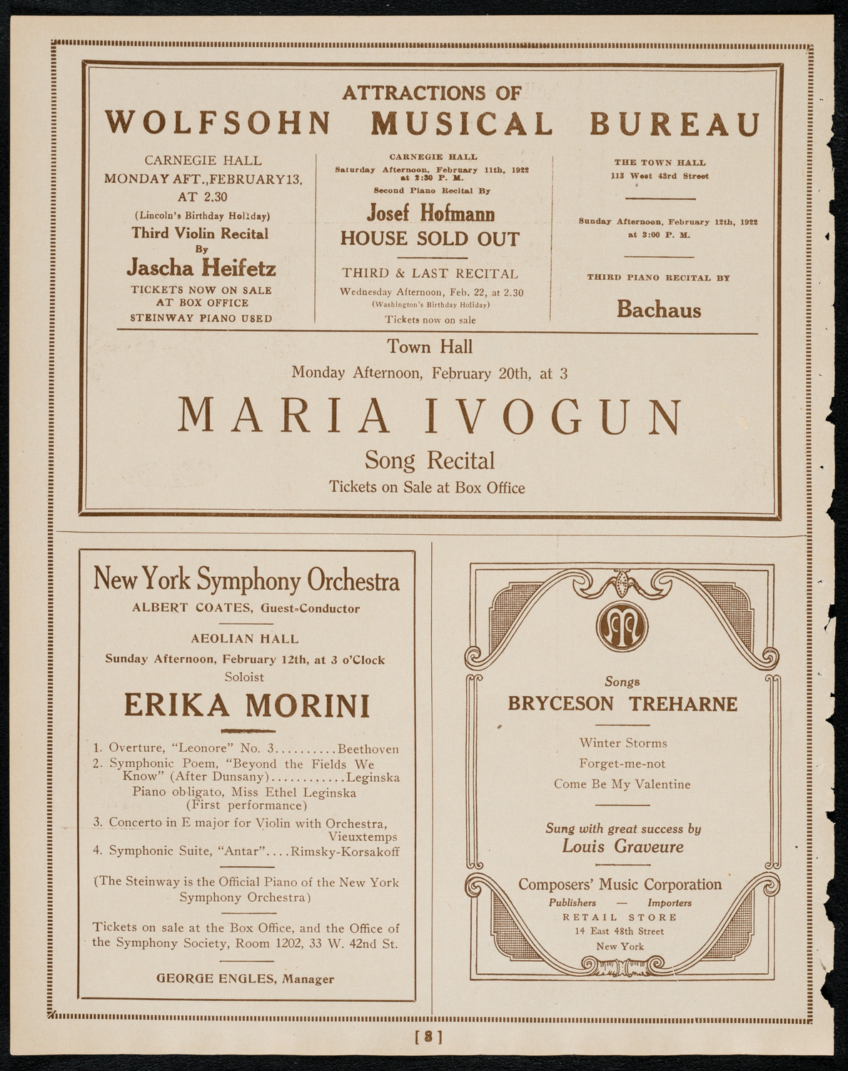 New York Philharmonic, February 10, 1922, program page 8