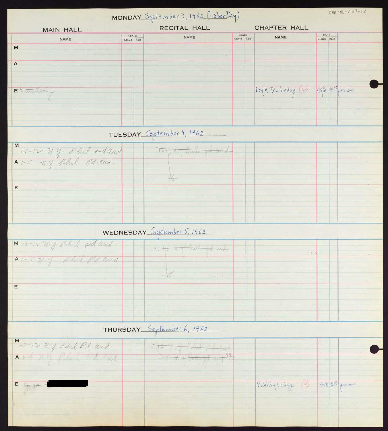 Carnegie Hall Booking Ledger, volume 7, page 110