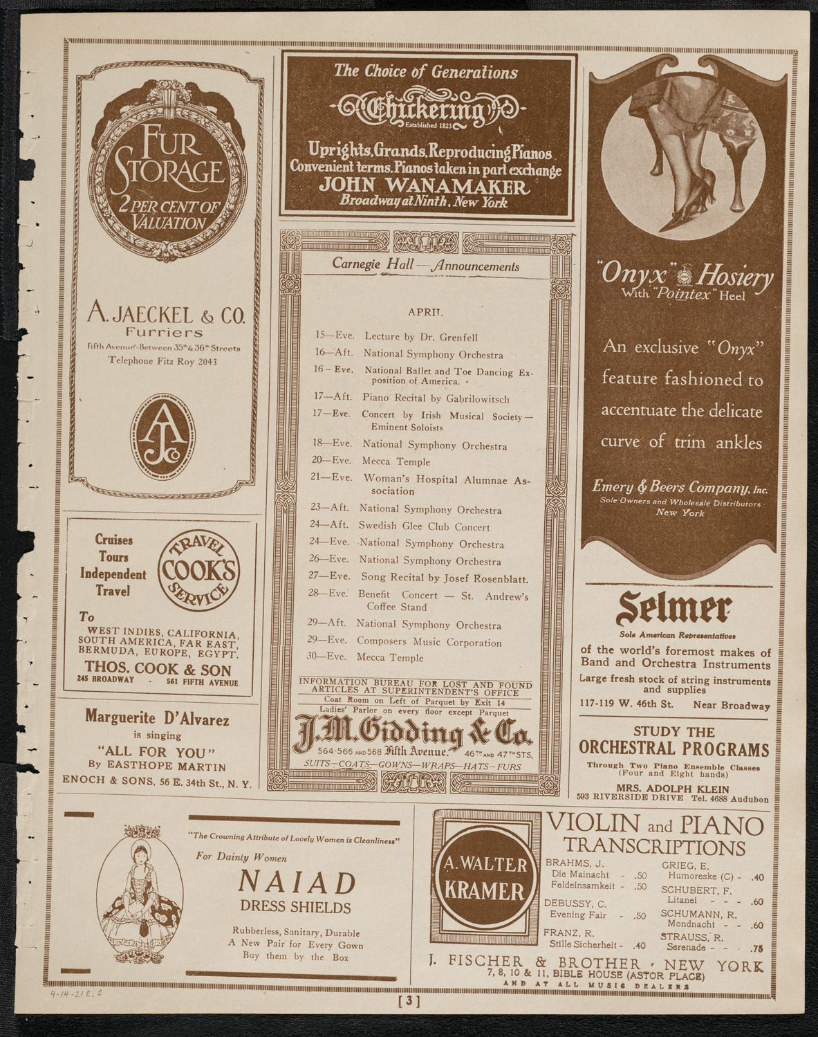 Rudolph Bochco, Violin, April 14, 1921, program page 3
