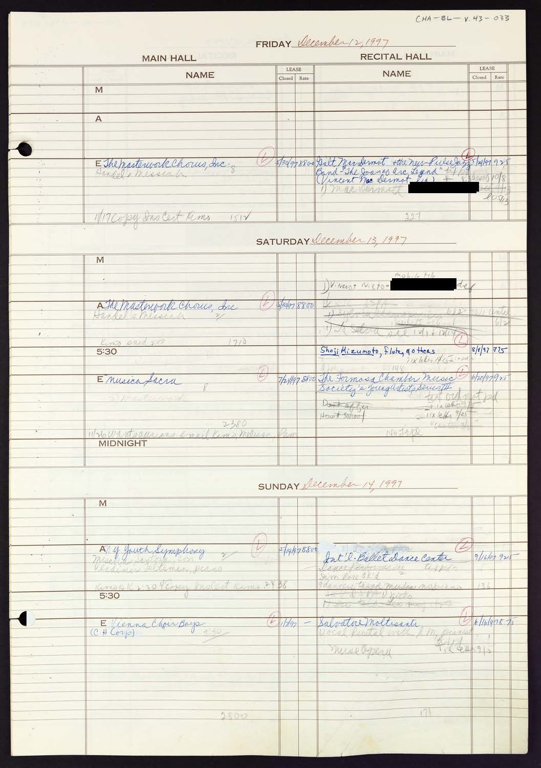 Carnegie Hall Booking Ledger, volume 43, page 33