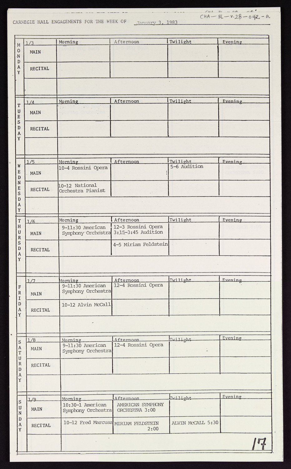 Carnegie Hall Booking Ledger, volume 28, page 42a