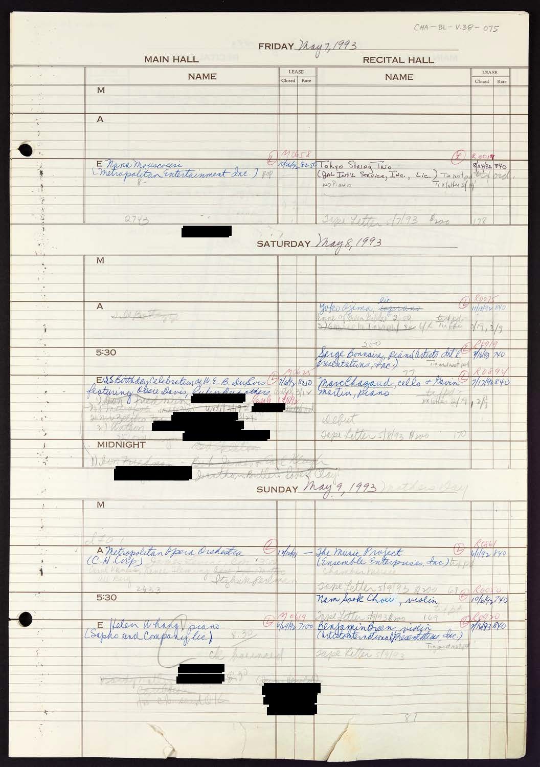 Carnegie Hall Booking Ledger, volume 38, page 75