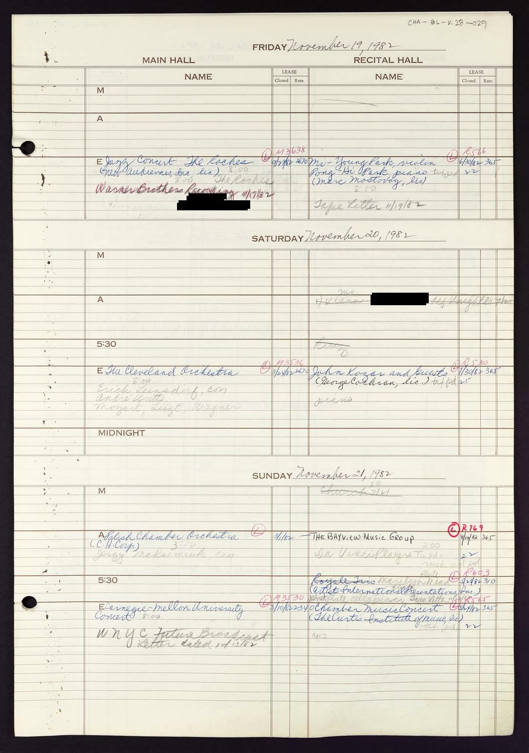 Carnegie Hall Booking Ledger, volume 28, page 29