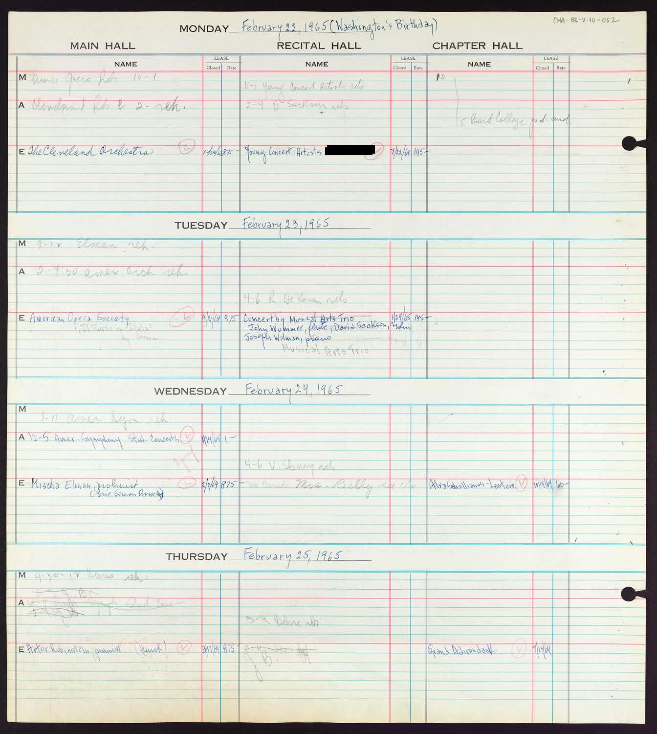 Carnegie Hall Booking Ledger, volume 10, page 52