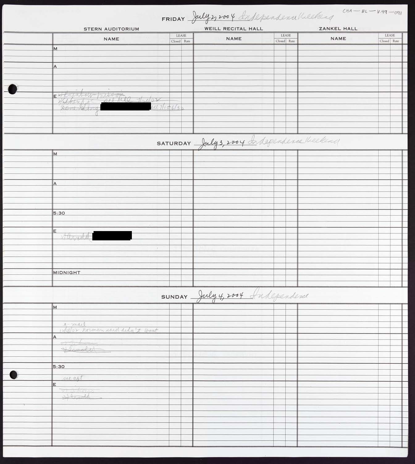 Carnegie Hall Booking Ledger, volume 49, page 91