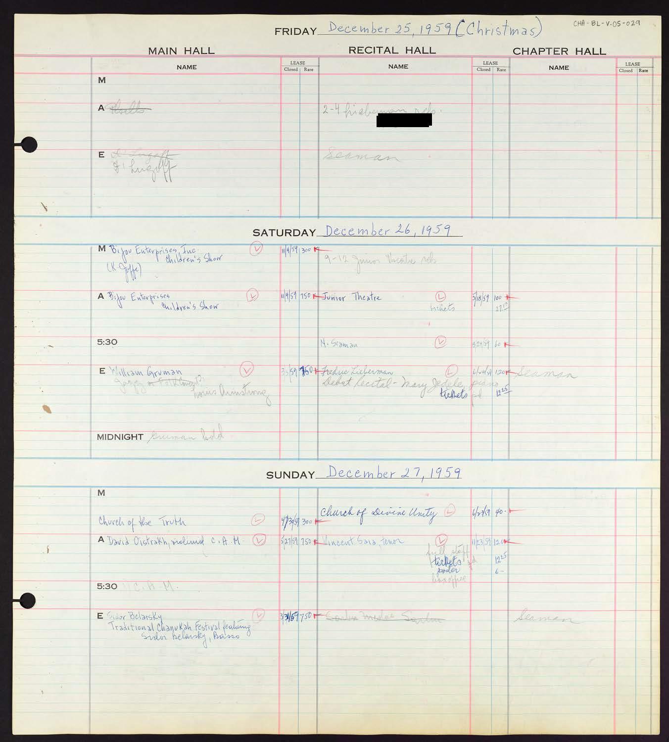 Carnegie Hall Booking Ledger, volume 5, page 29