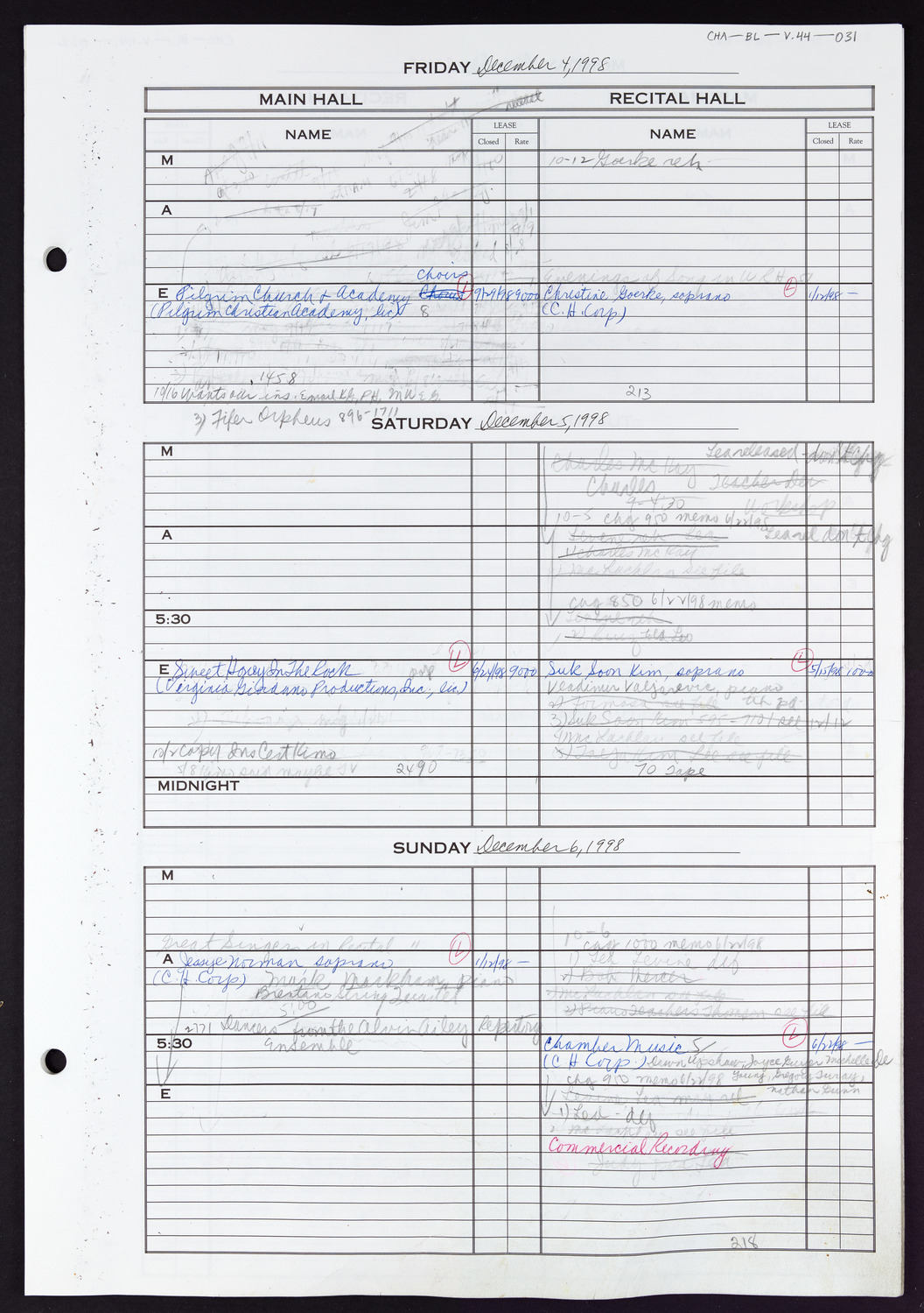 Carnegie Hall Booking Ledger, volume 44, page 31