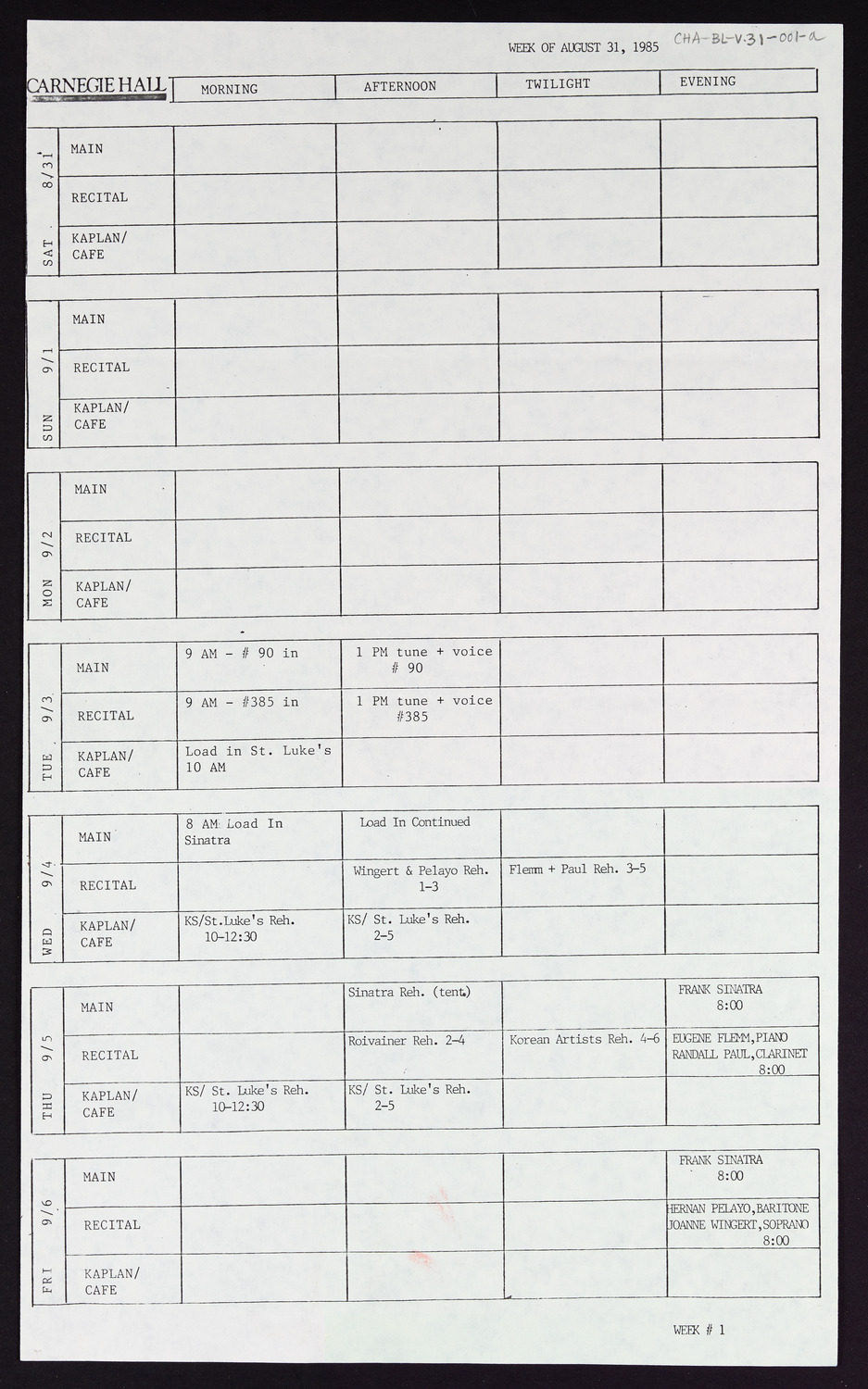 Carnegie Hall Booking Ledger, volume 31, page 1a