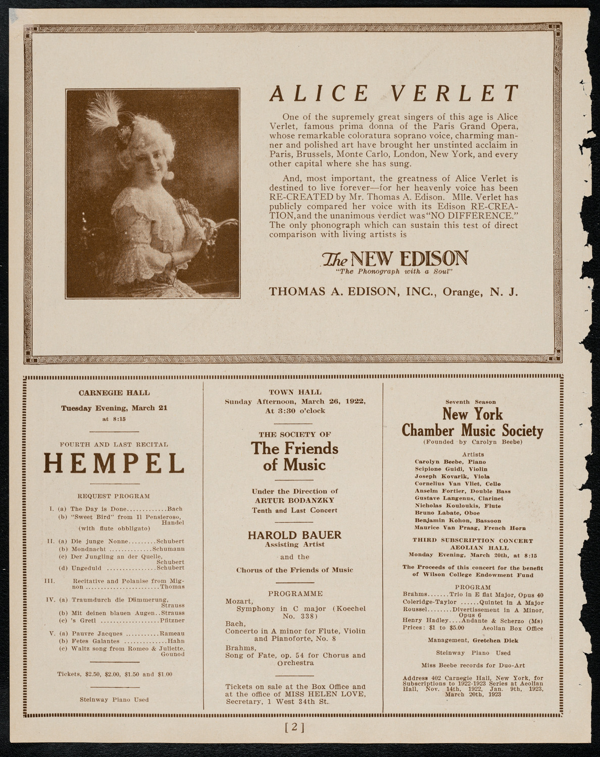 Alice Verlet, Soprano, March 17, 1922, program page 2