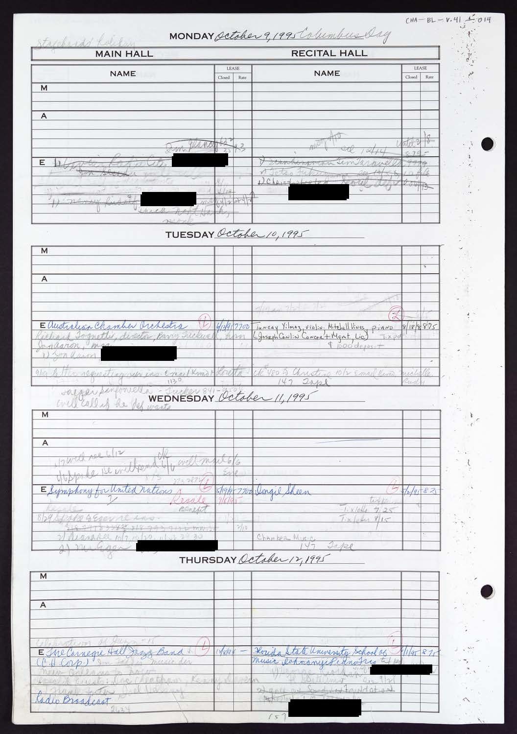 Carnegie Hall Booking Ledger, volume 41, page 14