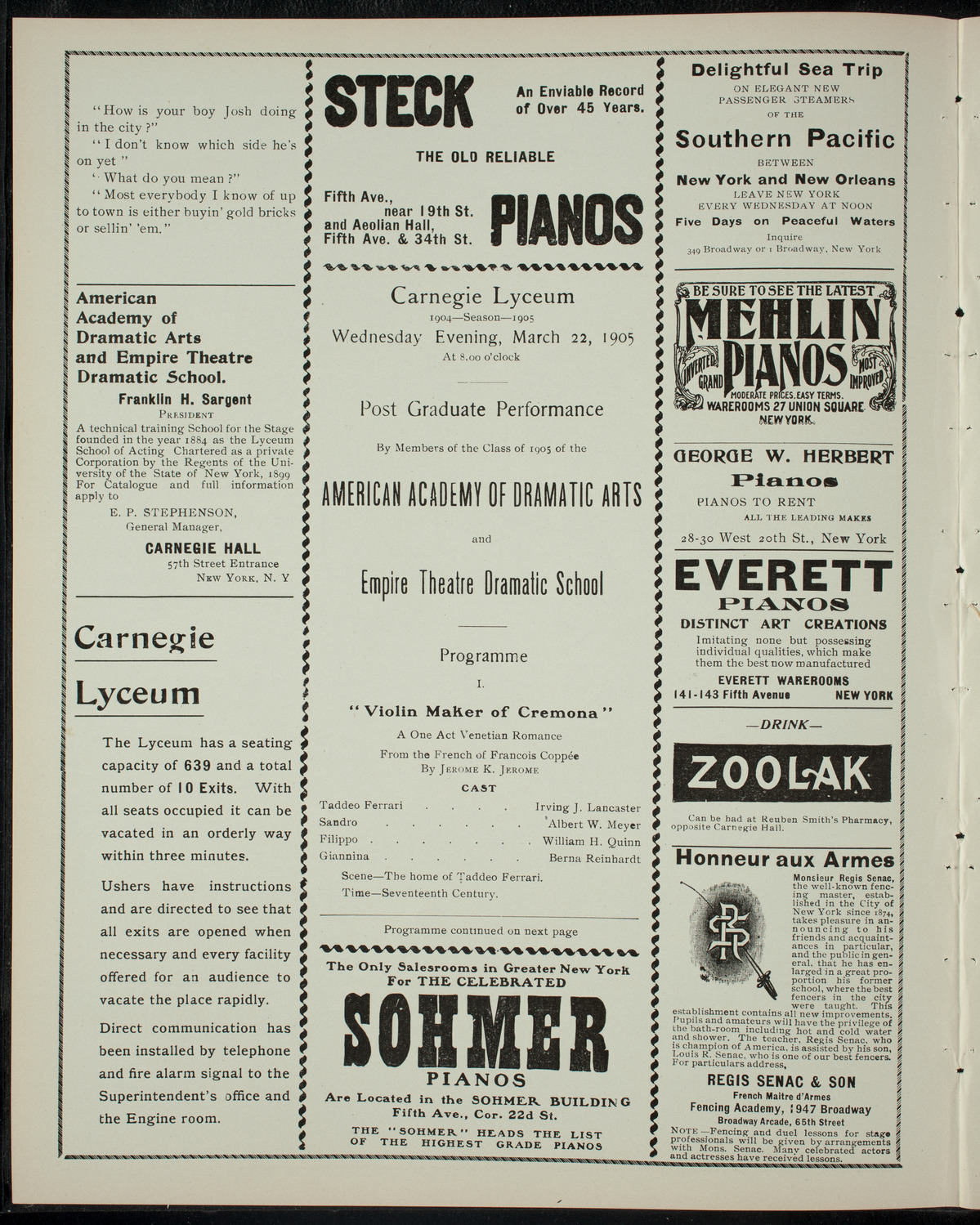 American Academy of Dramatic Arts/Empire Theatre Dramatic School, March 22, 1905, program page 2