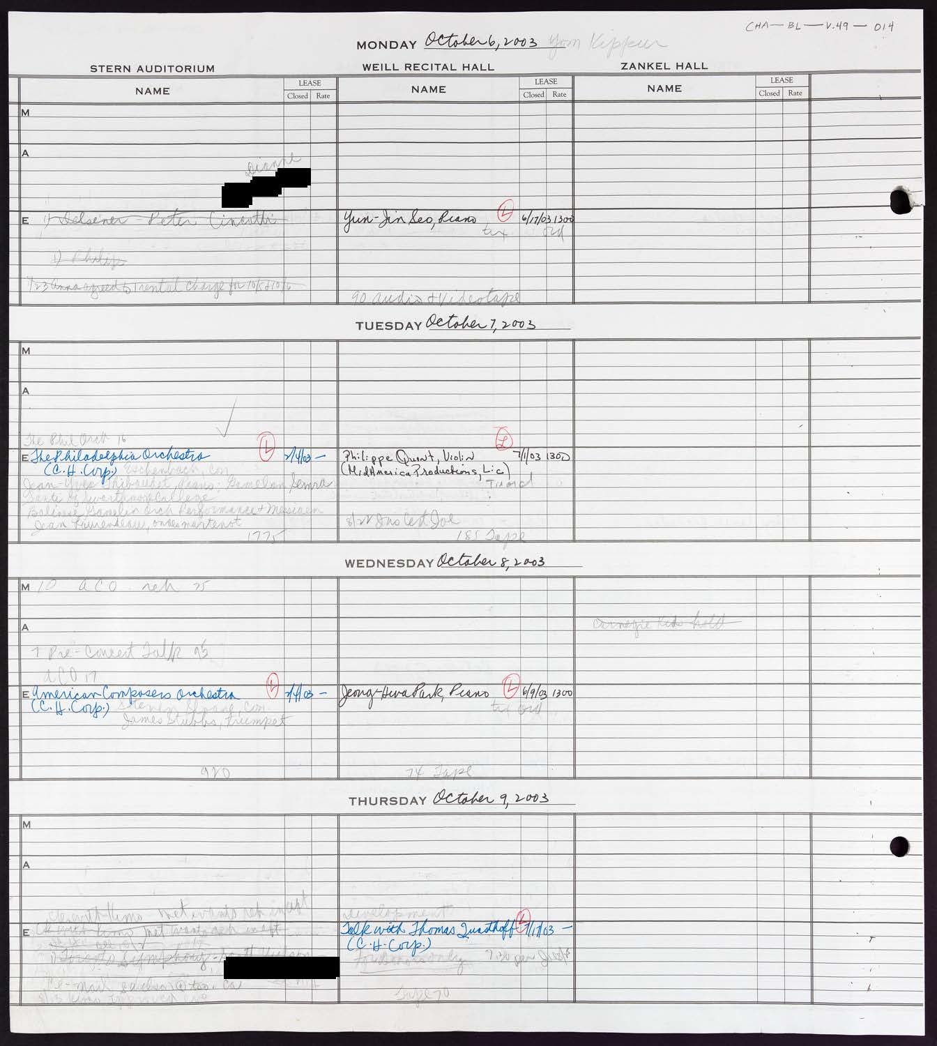 Carnegie Hall Booking Ledger, volume 49, page 14