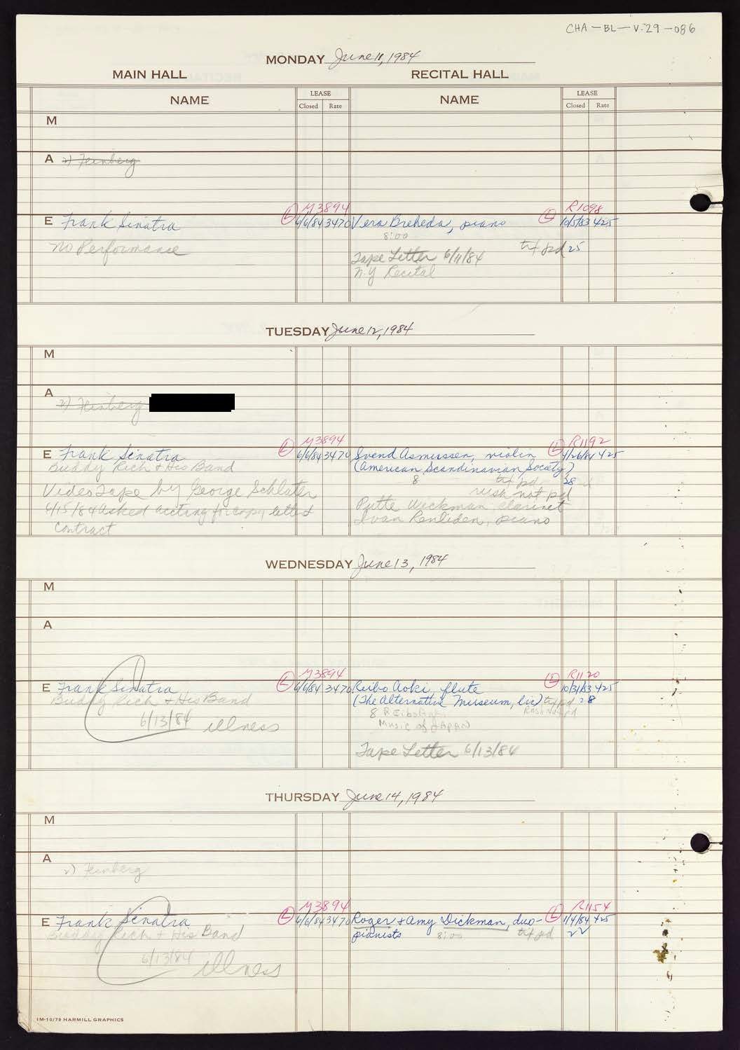 Carnegie Hall Booking Ledger, volume 29, page 86