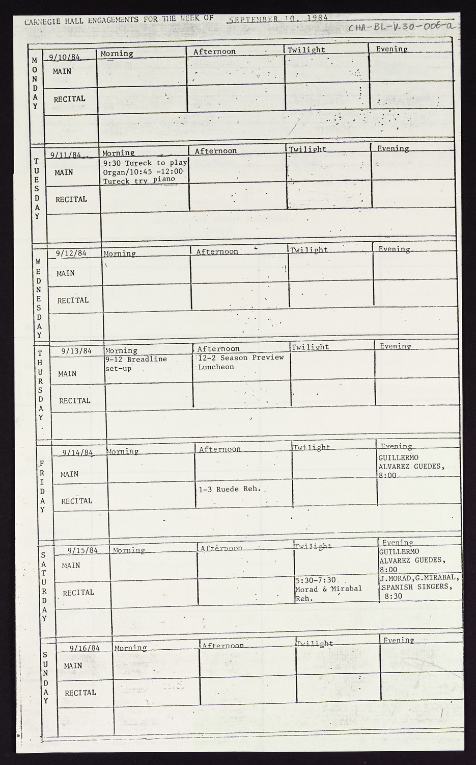 Carnegie Hall Booking Ledger, volume 30, page 6a