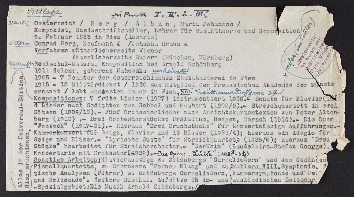 Correspondence from Alban Berg to David Ewen, page 2 of 3