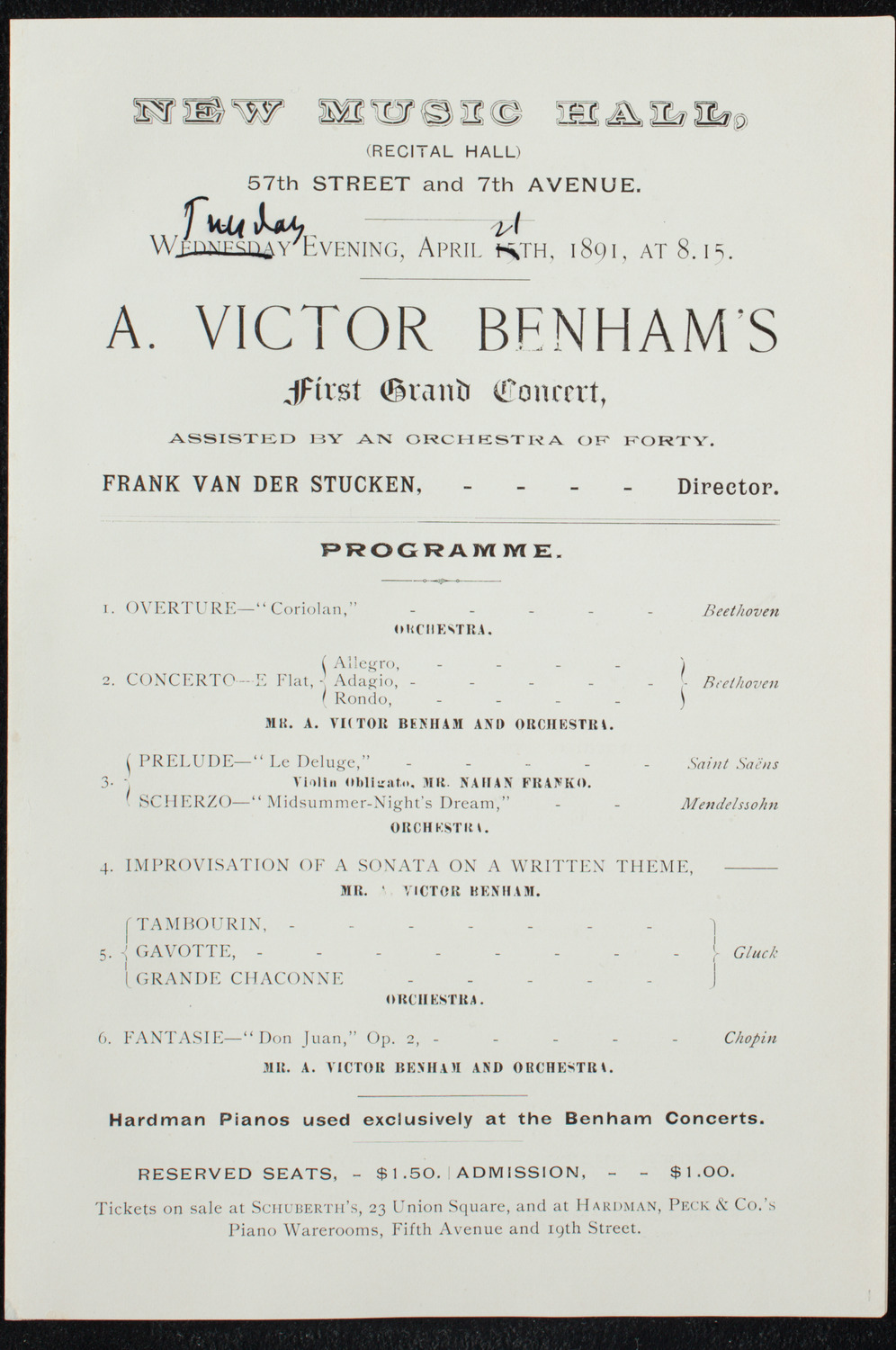 A. Victor Benham with Orchestra, April 21, 1891, program page 1