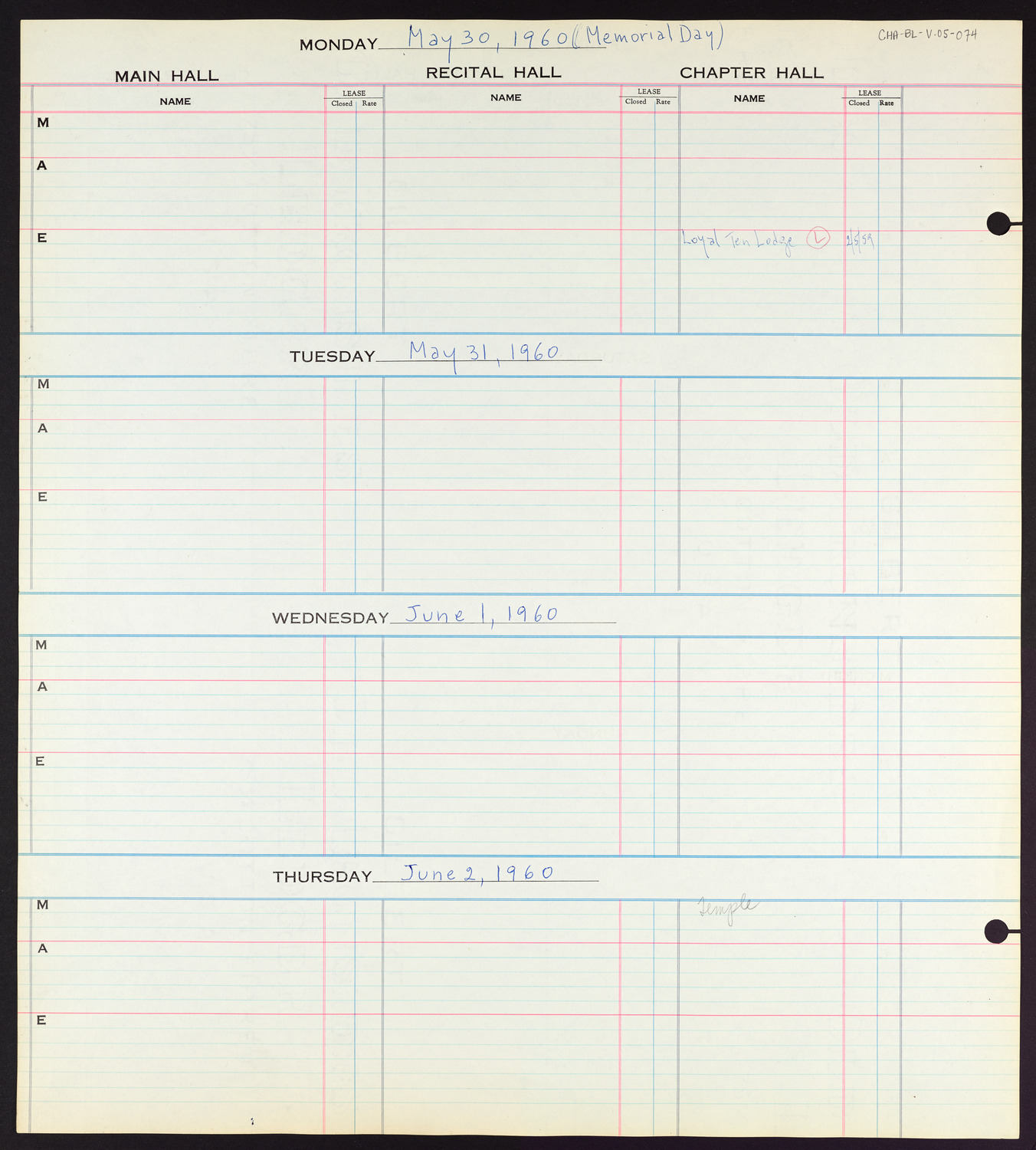 Carnegie Hall Booking Ledger, volume 5, page 74