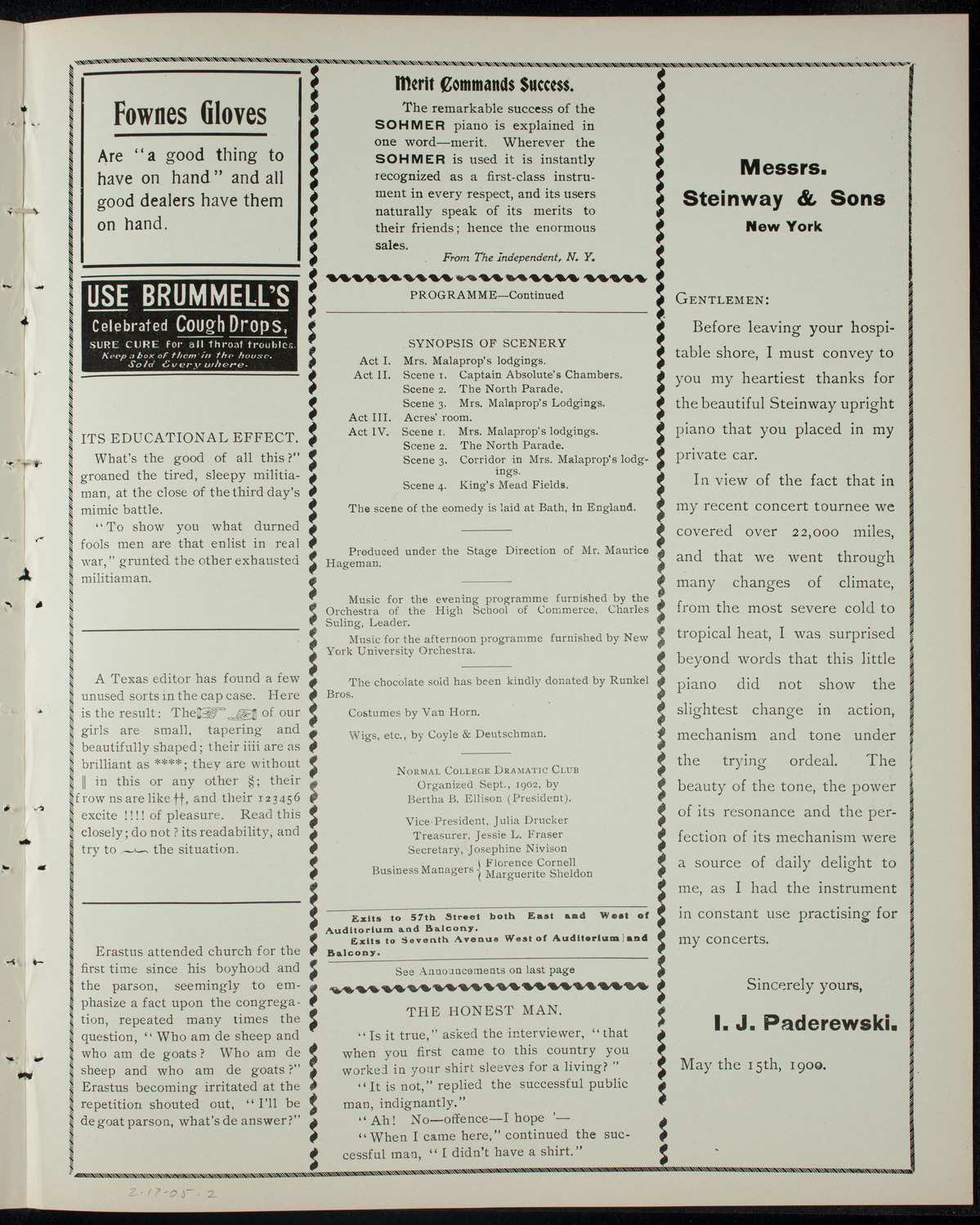 Normal College Dramatic Club, February 17, 1905, program page 3